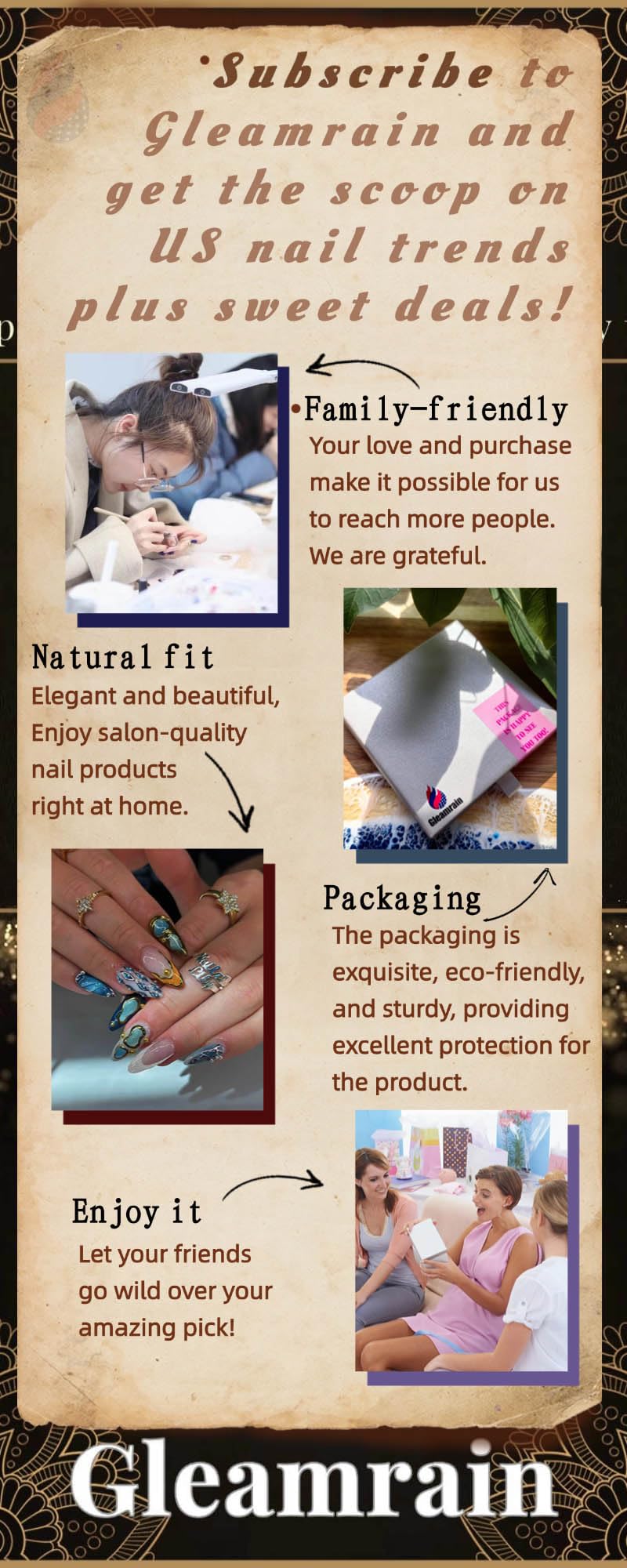 Gleamrain Handmade Press on Nails Almond Shape M Size/Gleamrain Luxury Medium Hand Made Nails with Design for Women 10Pcs by P07
