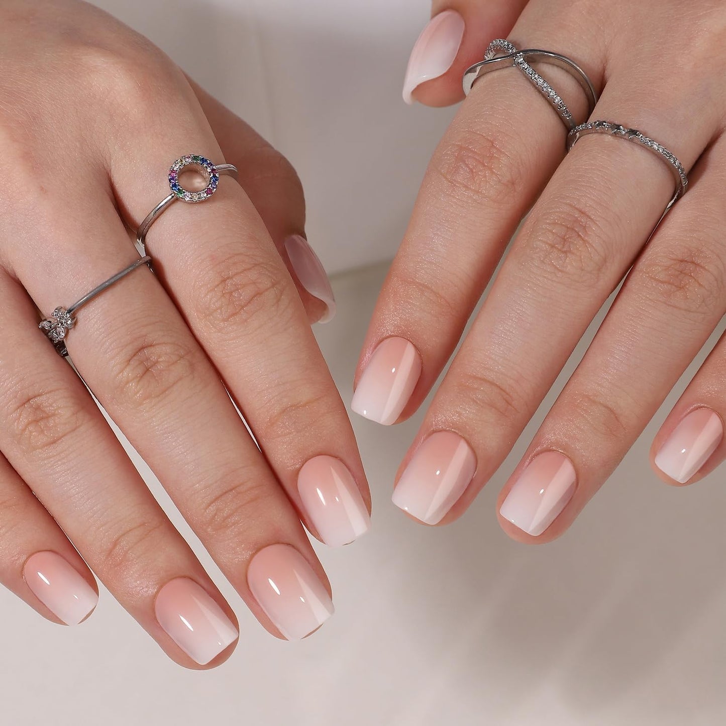 Short Square Press on Nails Luxurious Thickened False Nail with White Pink Gradient Designs Muti-Layer Gel Fake Nails Full Cover Stick on Nail Glossy Acrylic Nails for Women DIY Art 32 Pcs