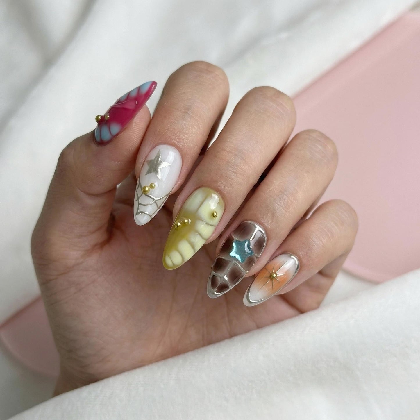 10Pcs Medium Almond Handmade Press On Nails | Easy Apply & Remove, Reusable Salon Quality Nails | Y2K Punk Multicolor Fake Nails with 3D Floral, Star & Gold Bead Accents(5U01, S)