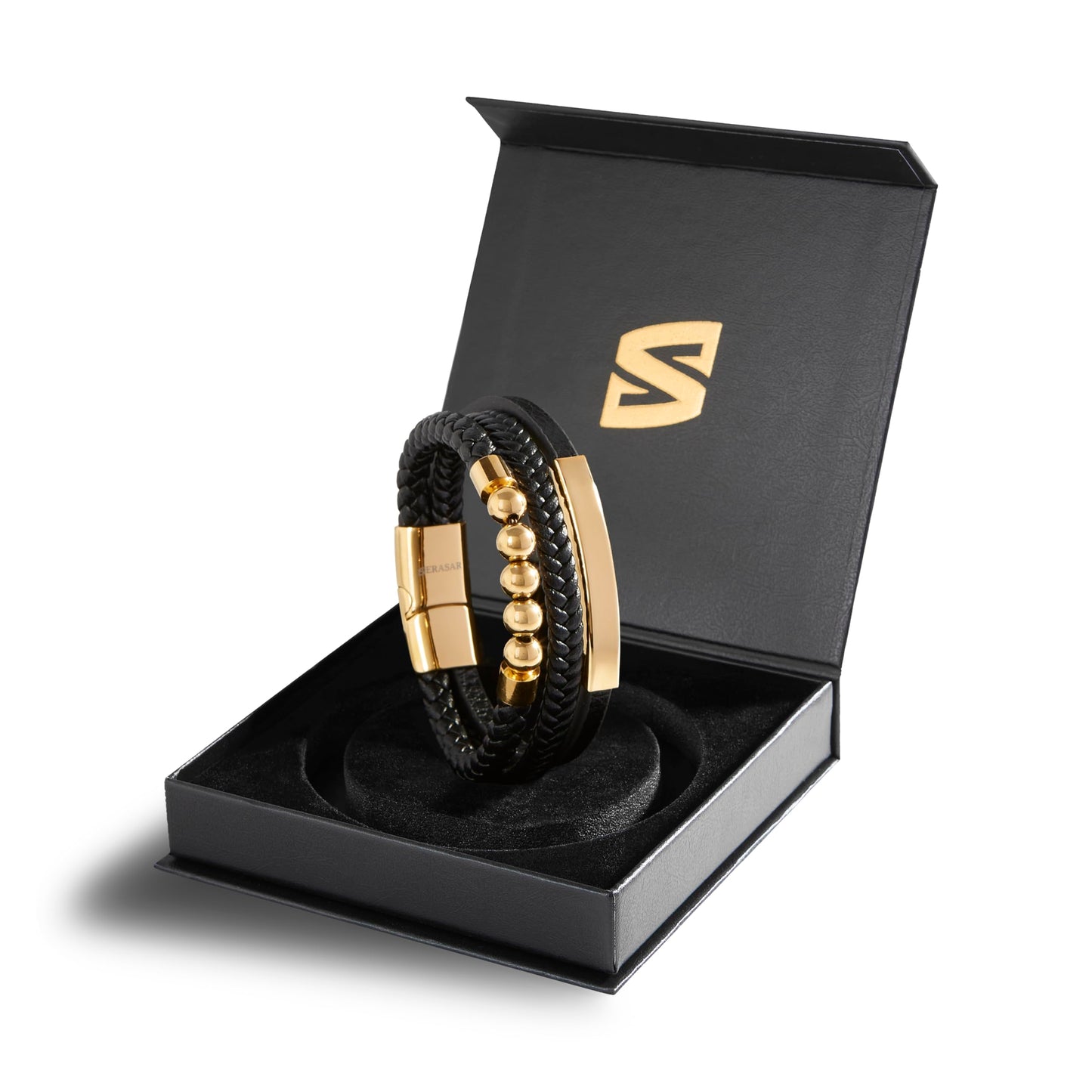 SERASAR Pulseras para hombre Caja de regalo oro 23cm Piel vacuno trenzada cuero genuino Cierre magnético ajustable joyería múltiples capas Hombres