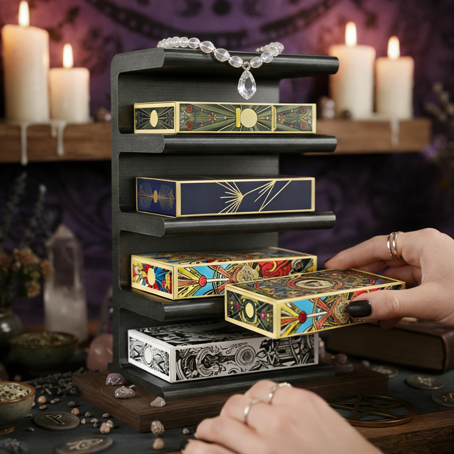 stazuvrt Tarot Deck Floating Shelf, 5 Decks Witchy Altar Decor & Organizer, Small Floating Book Plant Shelves for Tarot & Oracle Deck(Cards Not Included)