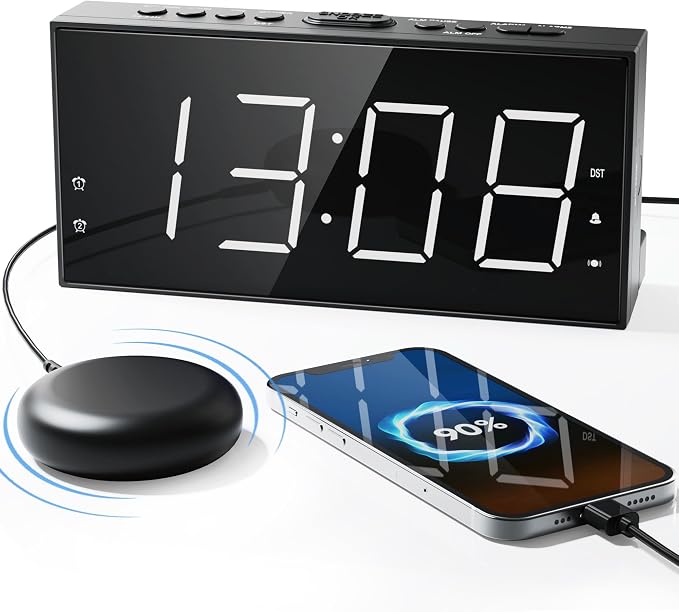 Alarm Clock for Heavy Sleepers with Bed Shaker, Vibrating Alarm Clock | Dual Alarms, USB Charger, 7.5" Large LED Display, 5 Dimmer, Snooze, 12/24H &DST, Plug in Clock with Memory Function