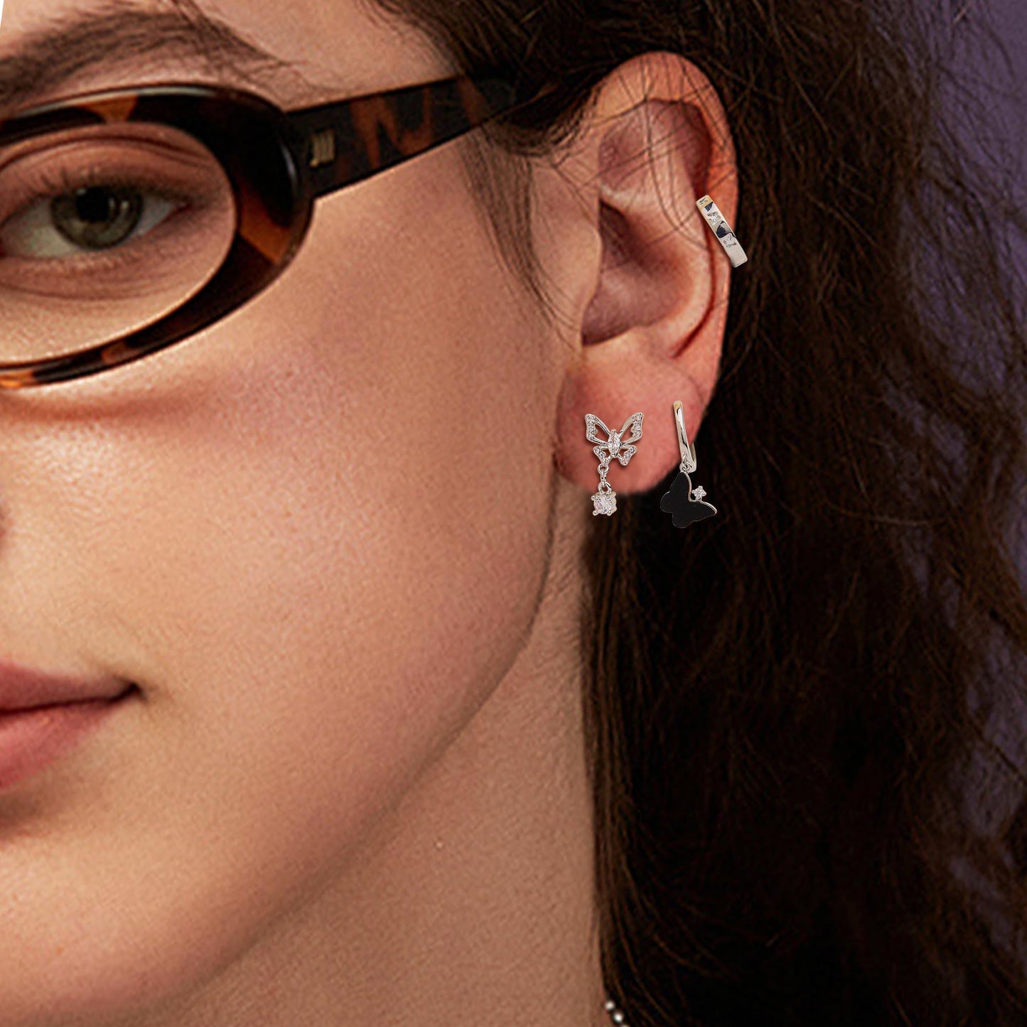Frigotine Silver Butterfly Heart Small Hoop Stud Earrings Stack Set for Women, Dainty Sparkly Rhinestone Crystal Drop Multiple Piercing Cartilage Huggie Earing Holiday Prom Fashion Jewelry Gift