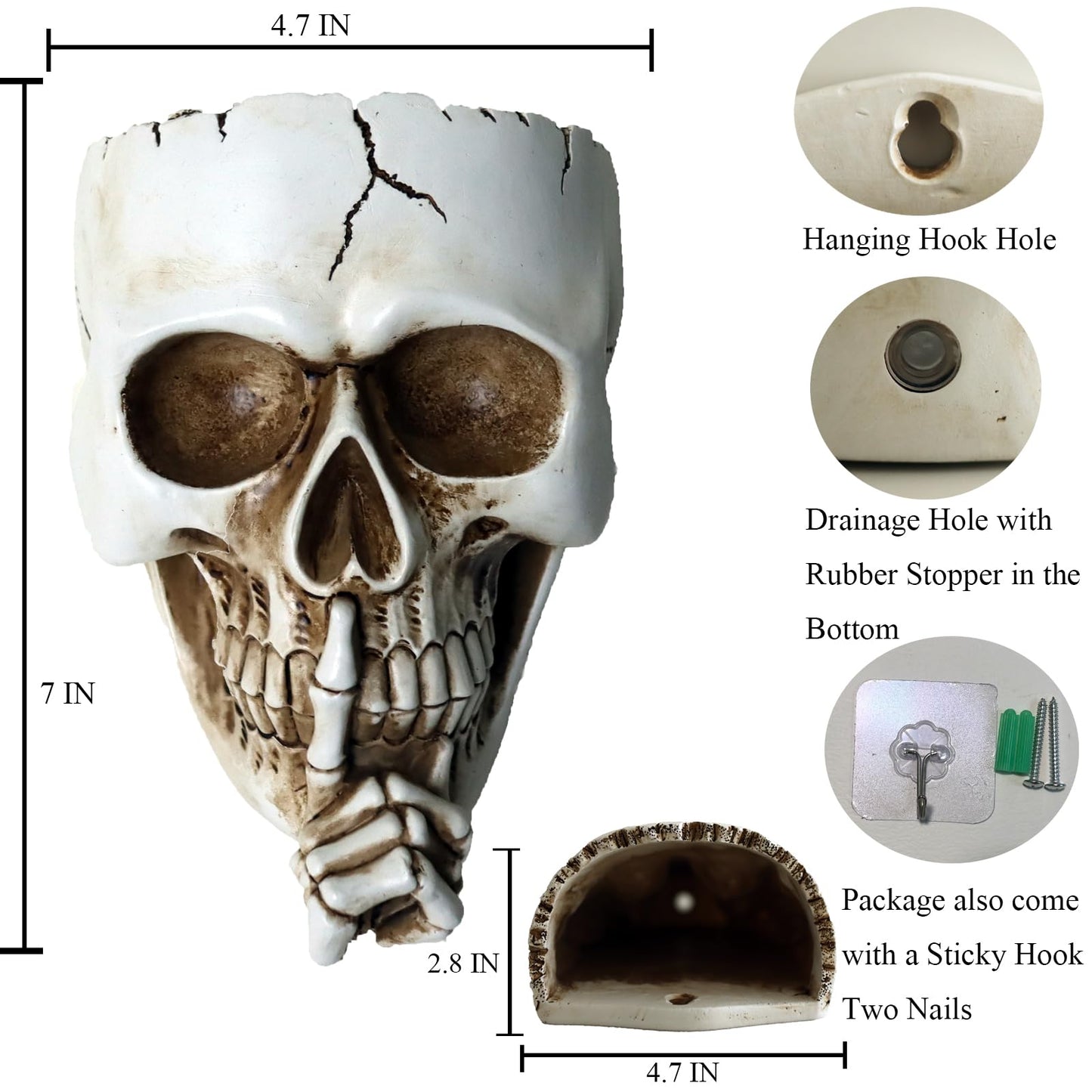 Dolkgy Skull Wall Planter for Indoor Outdoor Plants, Hanging Skull Vase Unique Face Flower Pot Head Planters, White Resin Skeleton Gothic Planter for Home Decorations