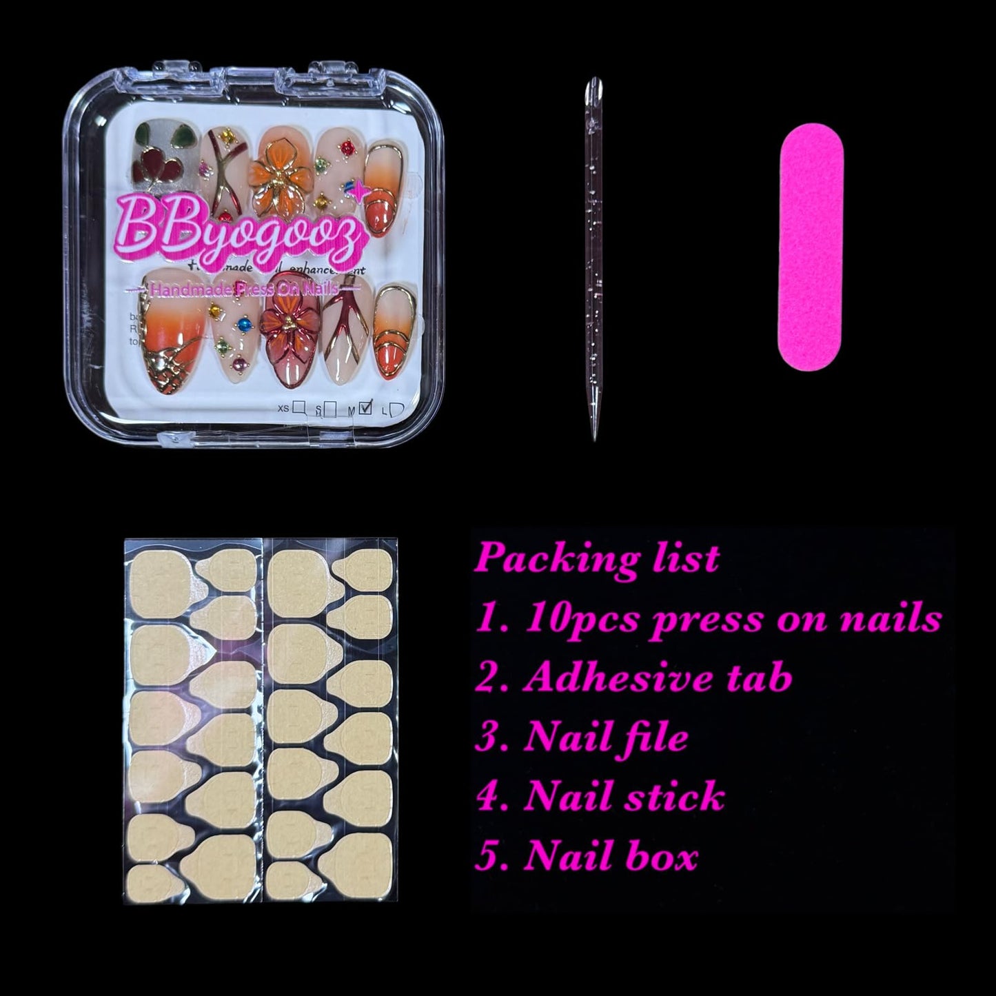 Handmade Press On Nails, Golden Ember Bloom, Luxury Sunset Ombre, Medium Almond Shape with 3D Floral Design, Crystal Accents, Acrylic False Nails Set, Gold Foil Outline (L)