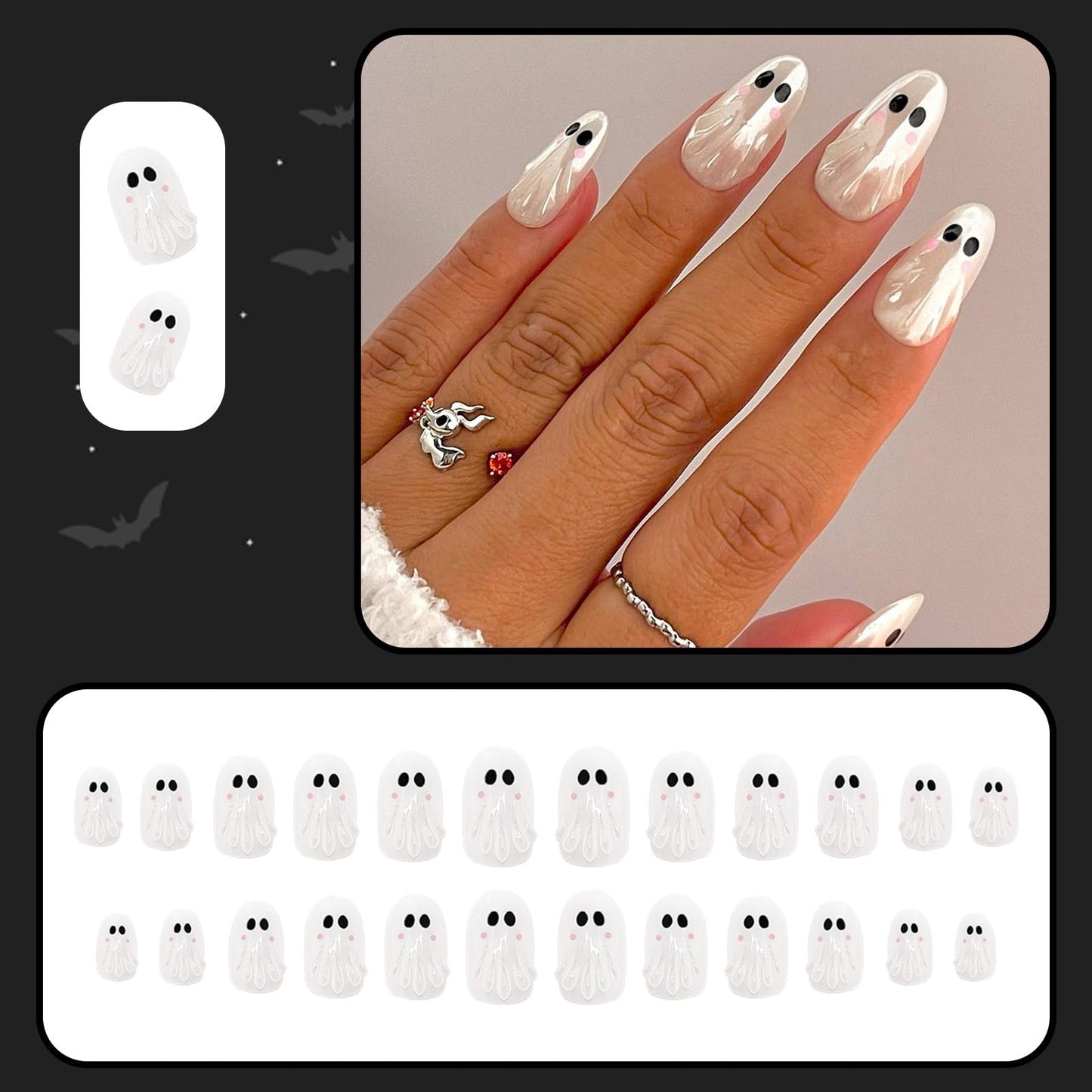 Halloween Press on Nails Glossy Chrome Fake Nails with White Little Ghost Design Medium Almond Shape Fake Nail Full Cover Acrylic False Nails Stick on Nail for Women DIY Art Manicuare 24 Pcs