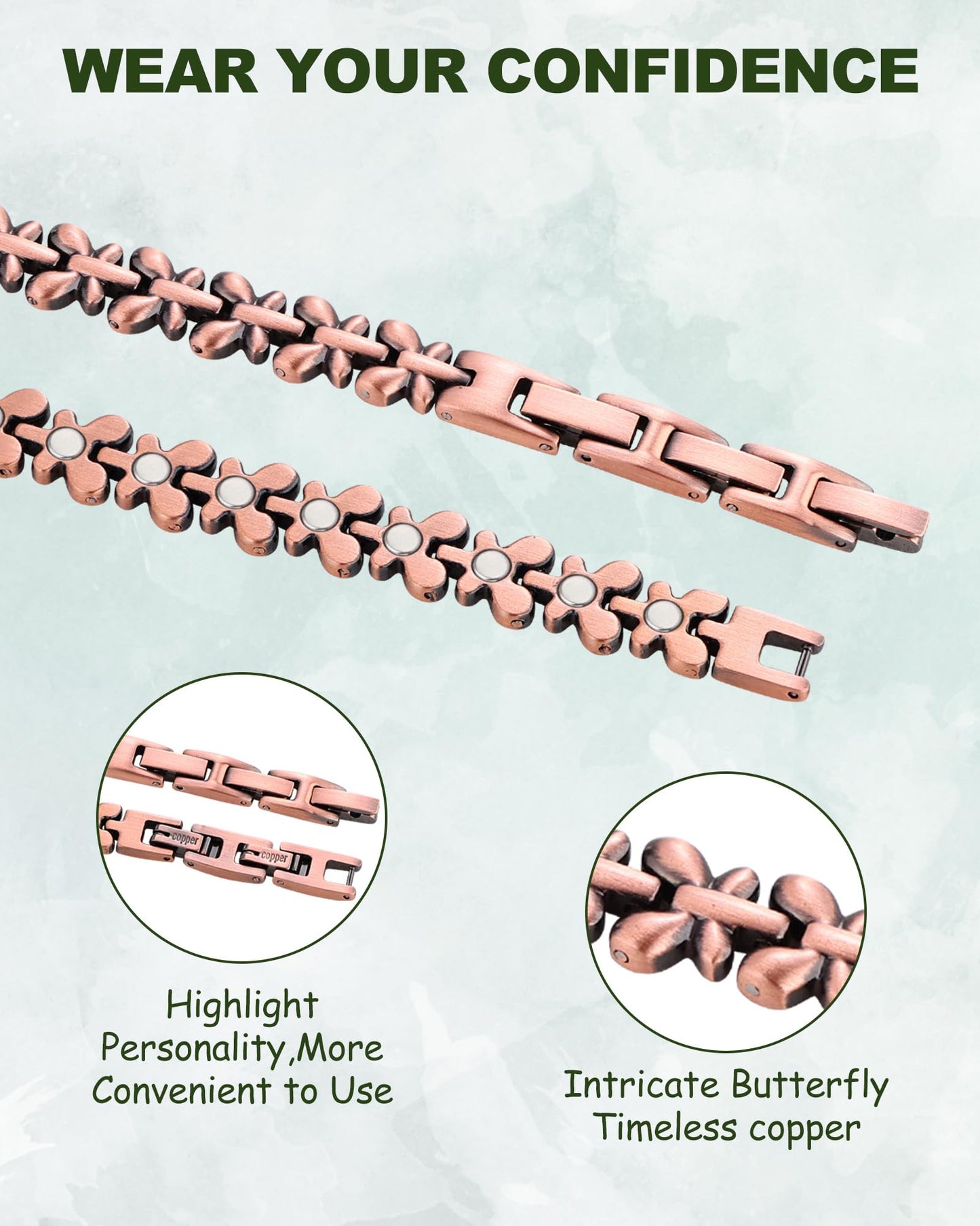 MagEnergy Copper Bracelet for Women, 99.99% Pure Solid Copper Bracelet with 3500 Gauss Magnetic, Adjustable, Jewelry Gift (Copper-Butterfly+Ring/B)