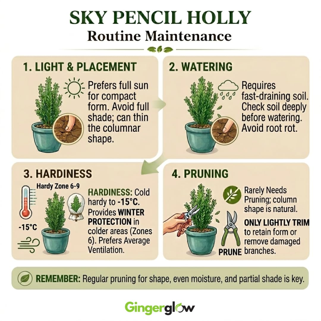 2 Sky Pencil Holly Live Plants, 2.5-Inch Pot, 6–12 Inch Tall Japanese Holly Shrubs, Easy Care Evergreen Trees for Outdoor Landscaping