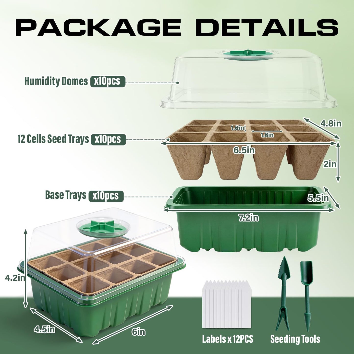 Bhyhok Seed Starter Tray Kit 10 Pack, Seed Starting Trays with Humidity Dome (120 Cells Total), Plant Germination Trays Complete Mini Greenhouse for Seed Growing & Seedlings
