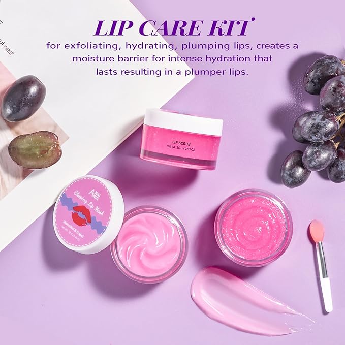 ANAI RUI Lip Therapy Set - Scrub & Mask, Overnight Hydrating Moisturizer With Exfoliator and Sleeping Mask for Plumping - Gift Kit for Dry, Chapped, Dark Lips, Grape