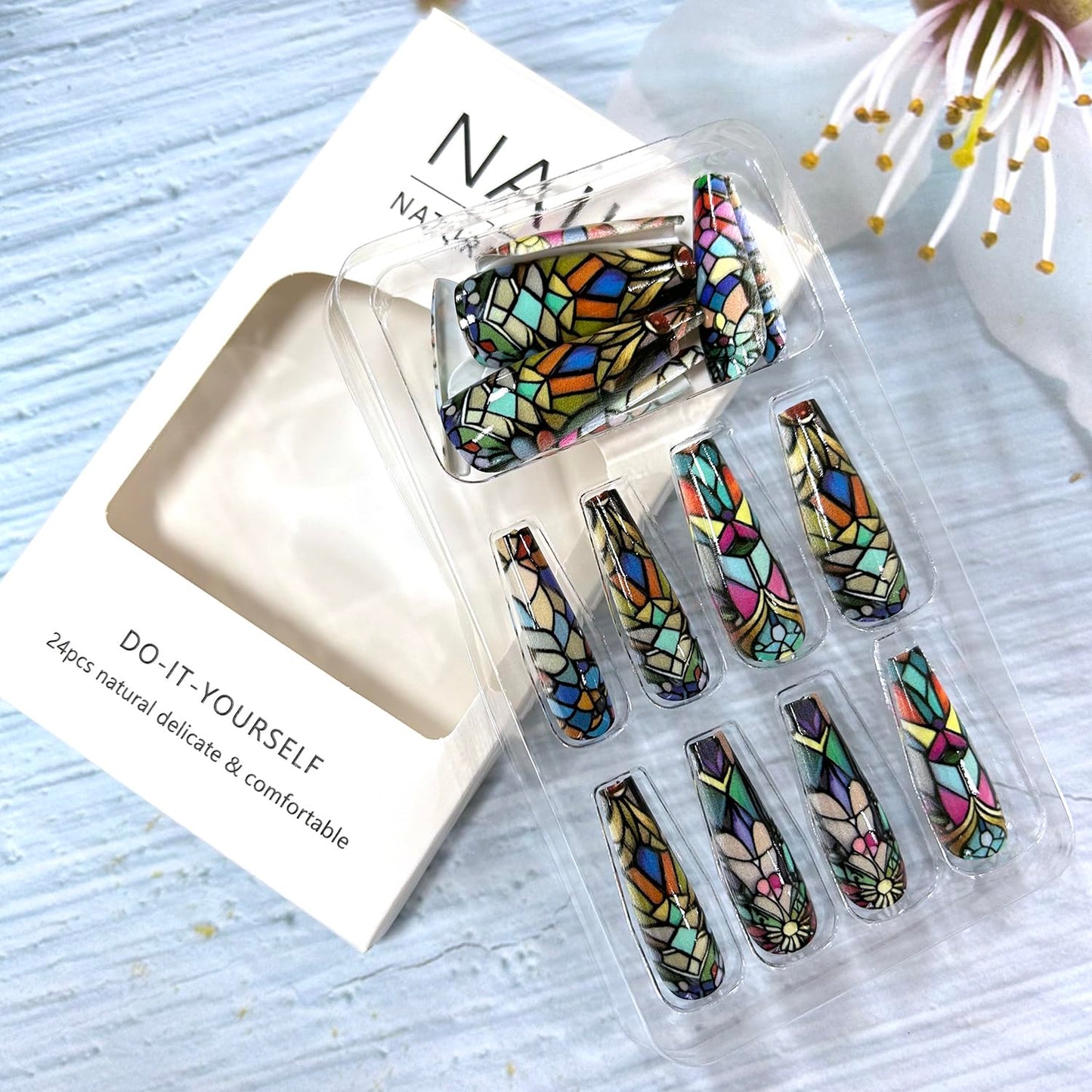 CJDLTS Colorful Geometry Press on Nails Long Ballet Shaped Full Cover Glossy Acrylic Press Ons Fake Nail Ballet Artificial Stick on Nail DIY Reusable Glue on Nails for Women 24Pcs