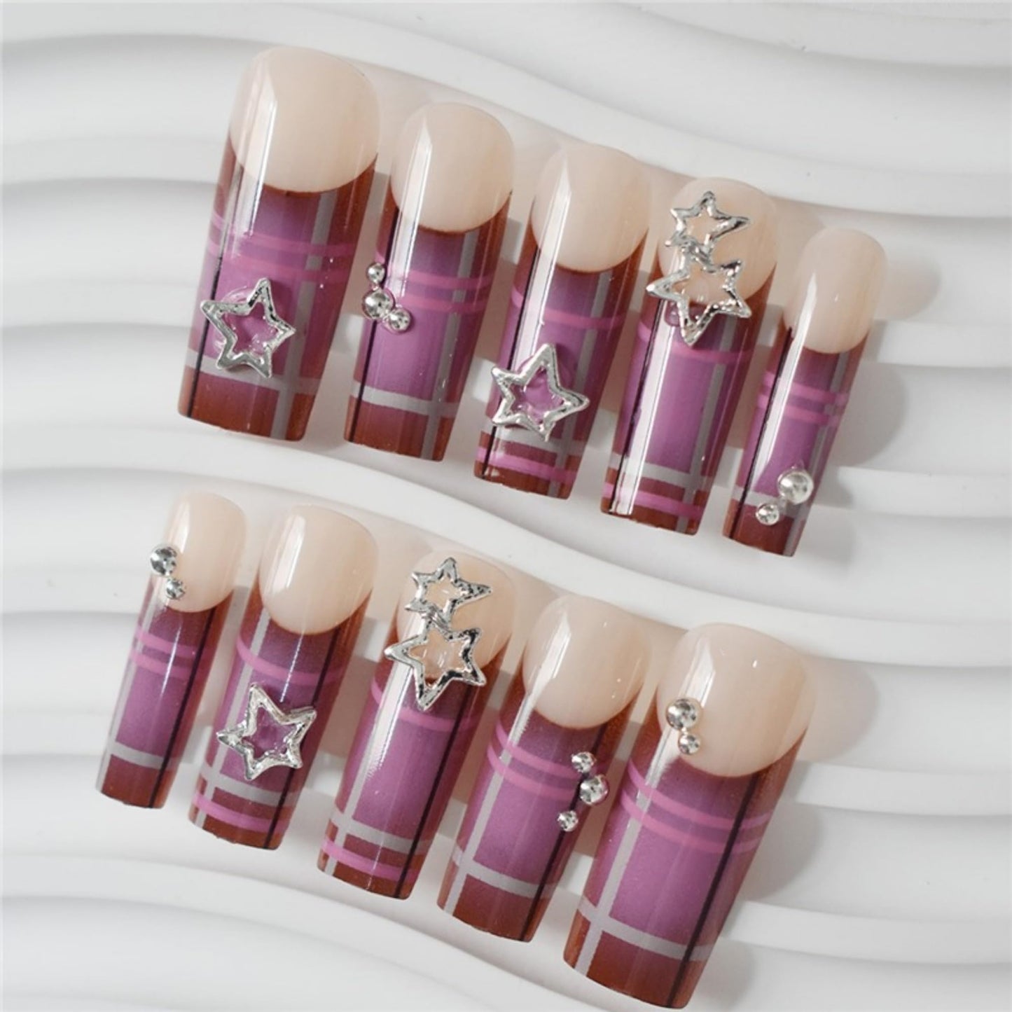 SEENEEY Square Press on Nails Long Fake Nails Purple Artificial Nail Silver Charm Stick on Nail for Women 24pcs