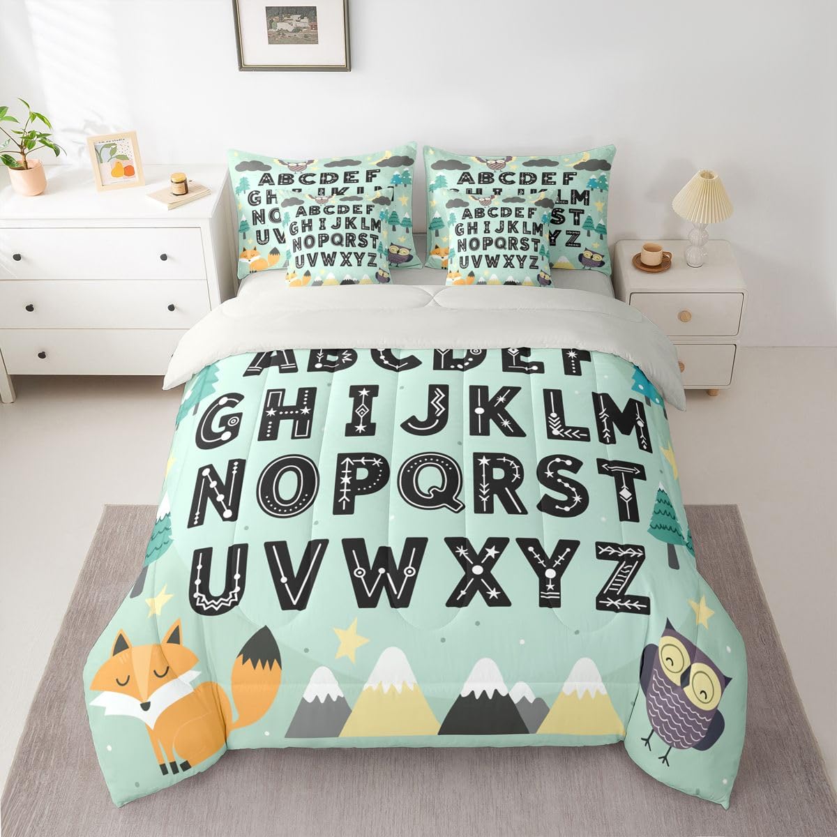 Feelyou Alphabet Kids ABC Learning Comforter Set Twin Size 7 PCS Cute Fox Bedding Set Kids Boys Girls Educational Art Bed in a Bag with Comforter & Sheets Sets & Cushion Covers Animals Bedroom Decor