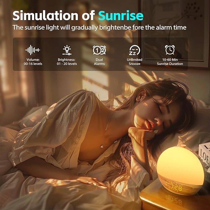 Geuuap Sunrise Alarm Clock, Noise Sound Machine Night Light, Wood Grain | 25 Soothing Sounds, 17 Dimmable lights, Dual Independent Alarms, Unlimited Snooze, Bluetooth Speaker, Backup Battery Memory