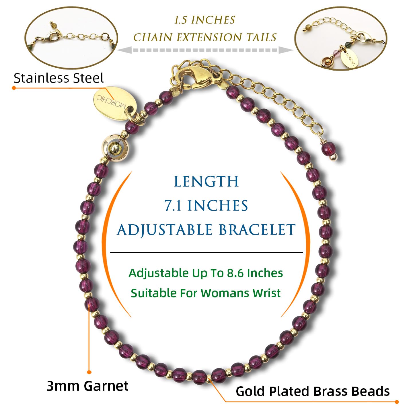 Morchic 3mm Purple Garnet Quartz Natural Gemstone Beaded Bracelet for Women, Dainty Charm Jewelry, Adjustable 7.1-8.6", Ideal Birthday Holiday Gift