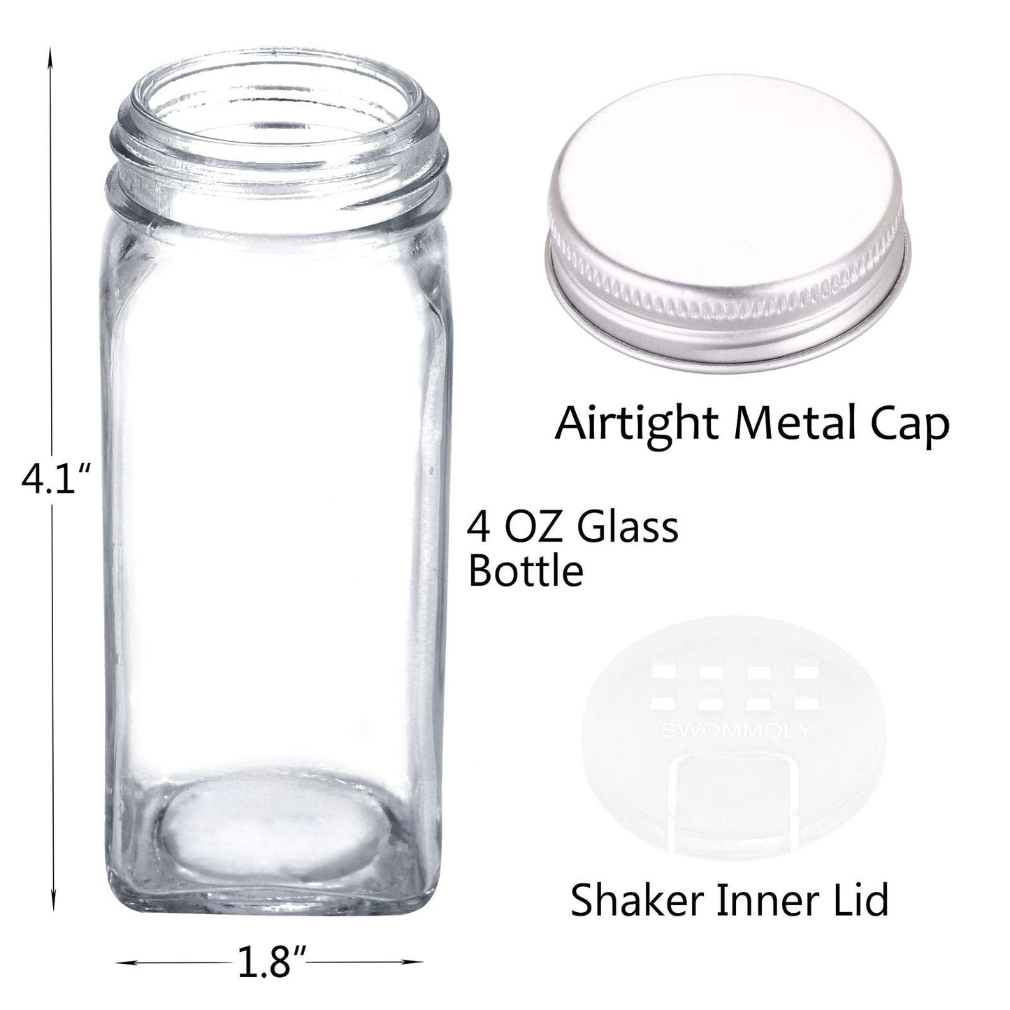 SWOMMOLY 25 Glass Spice Jars with 703 Spice Labels, Chalk Marker and Funnel Complete Set. 25 Square Glass Jars 4OZ, Airtight Cap, Pour/sift Shaker Lid