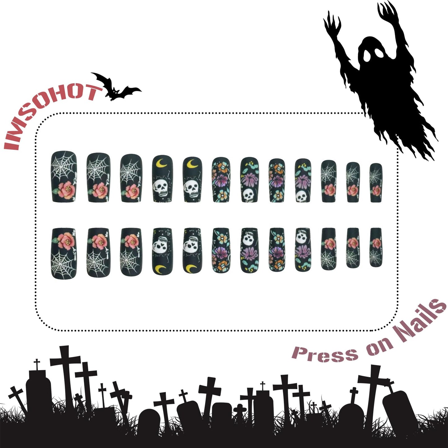 IMSOHOT Halloween Press on Nails Long Square Fake Nails Matte Black Acrylic Full Cover False Nails with Flower & Skull Designs Goth Punk Glue on Nails for Women DIY Manicure