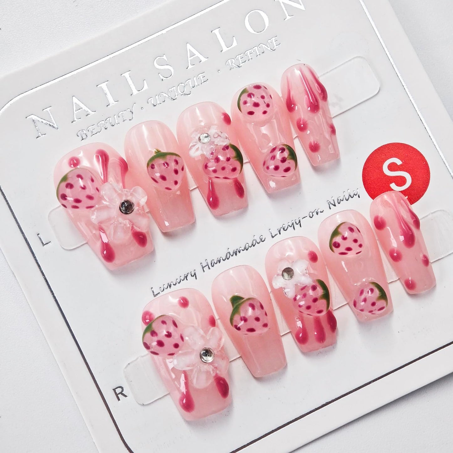 10Pcs Pink Coffin Press on Nails Handmade Fake Nails Reusable False Nails with 3D Strawberry Flower Design Acrylic Nails Press ons Cute Strawberry Nail Spring Summer Stick on Nails for Women (S)