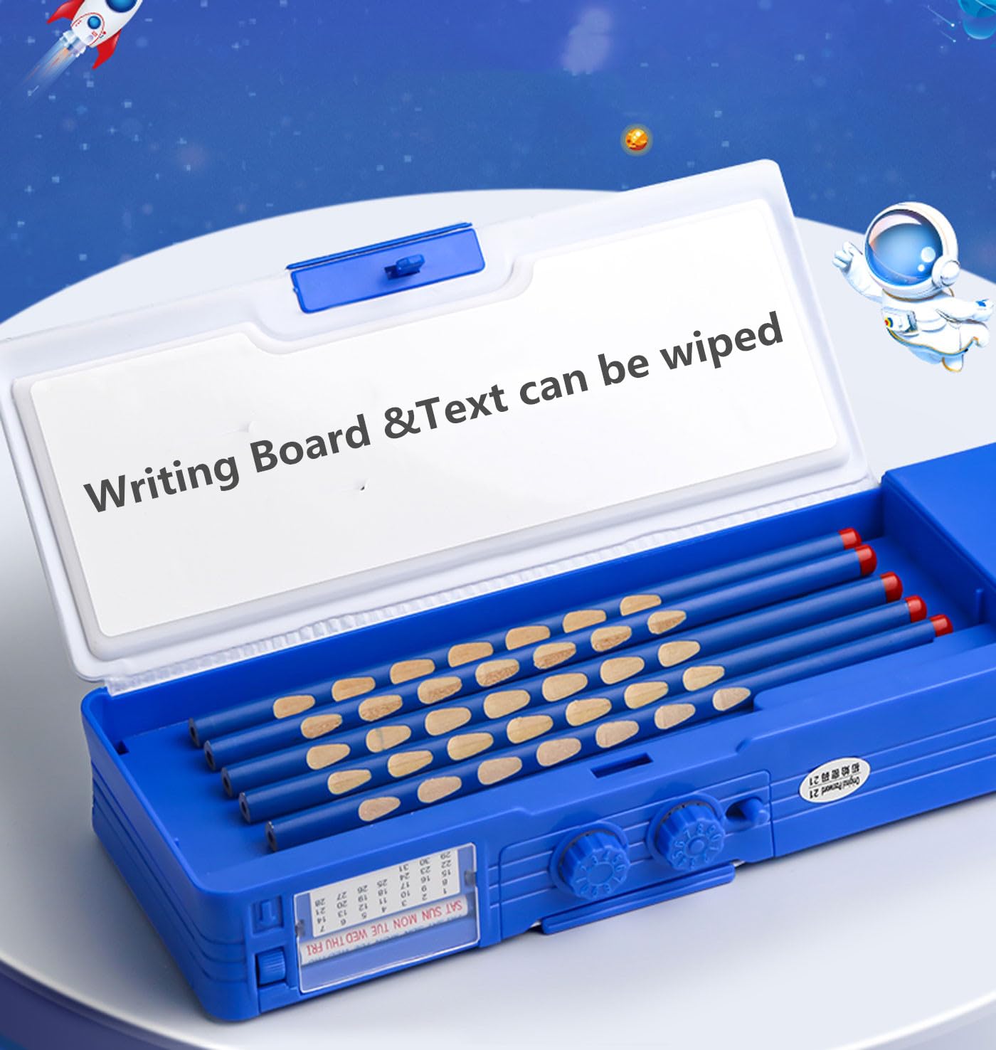 Pop up Multifunction Pencil Case for Kids Unique Stationery Set School Supplies Astronaut Pen Box for School Students Cute Pencil box for Boys with Sharpener Password Lock Schedule Whiteboard(Blue）