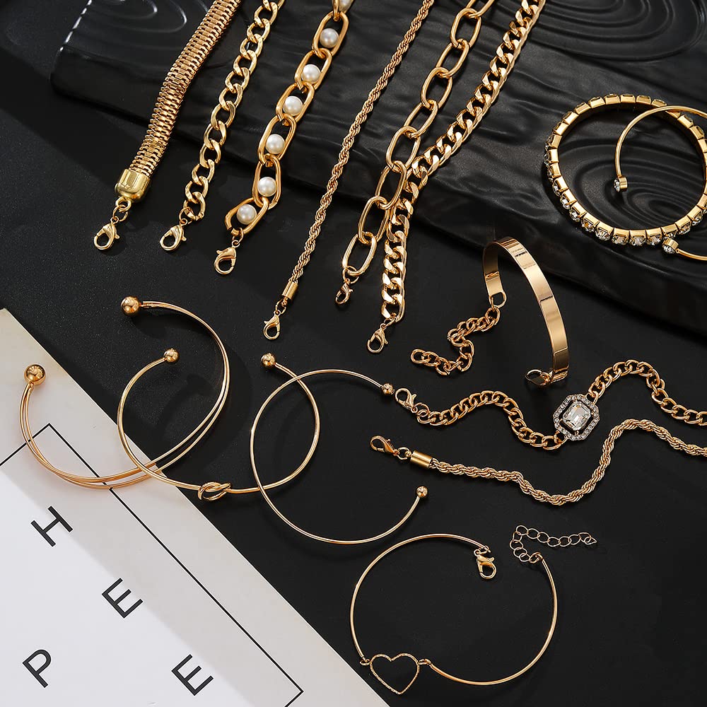 KISS WIFE 15 Pcs Golden Bracelets Set for Women, Multiple Layered Stackable Open Cuff Bangle, Adjustable Cuban Link Chain Tennis Bracelet Pack, Dainty Classic Aesthetic Jewelry