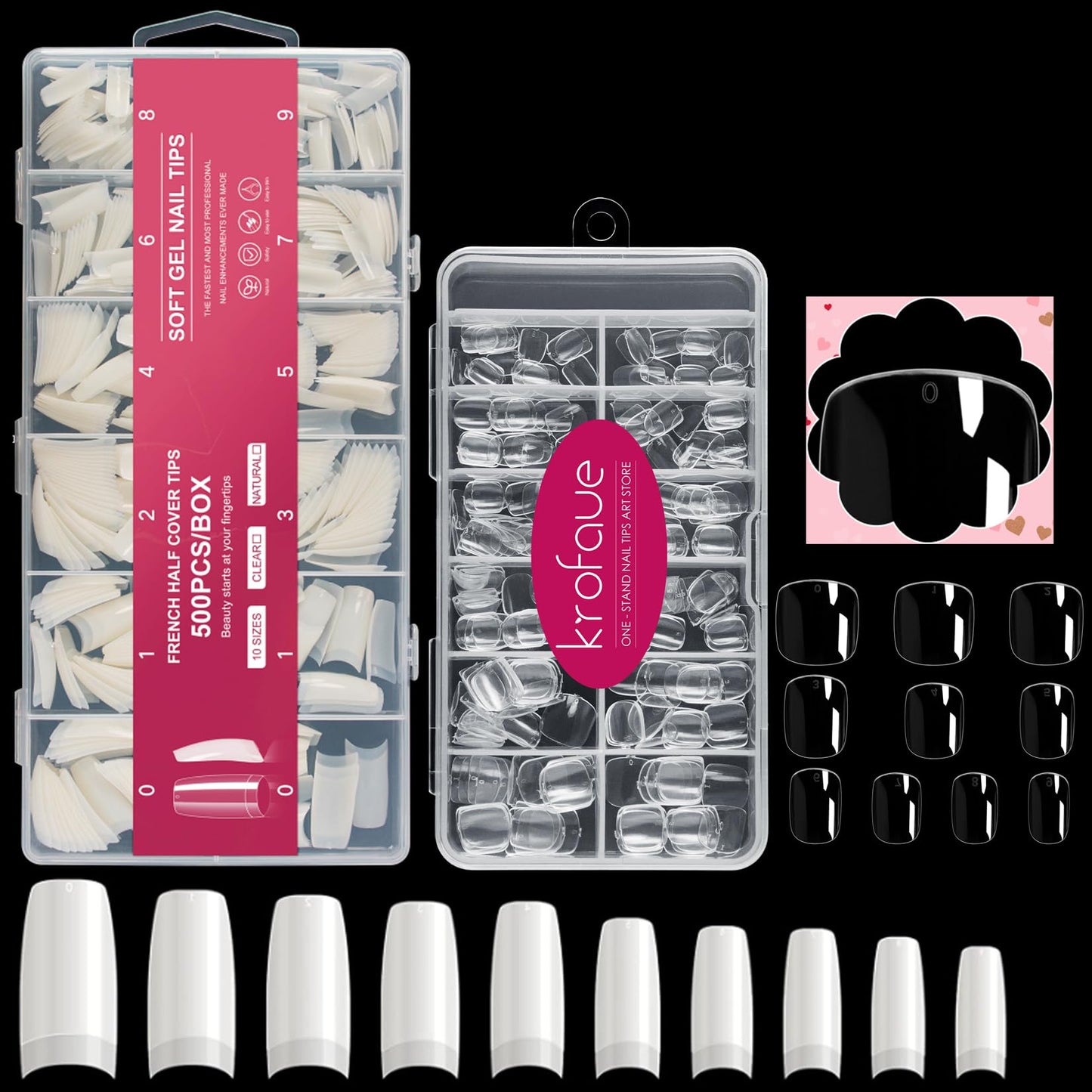 krofaue 500PCS Half Cover False Nails Tips - Acrylic Nail Tips and 240Pcs Kids Short Clear False Nails with Box for Nail Tips Art Salons and Home DIY