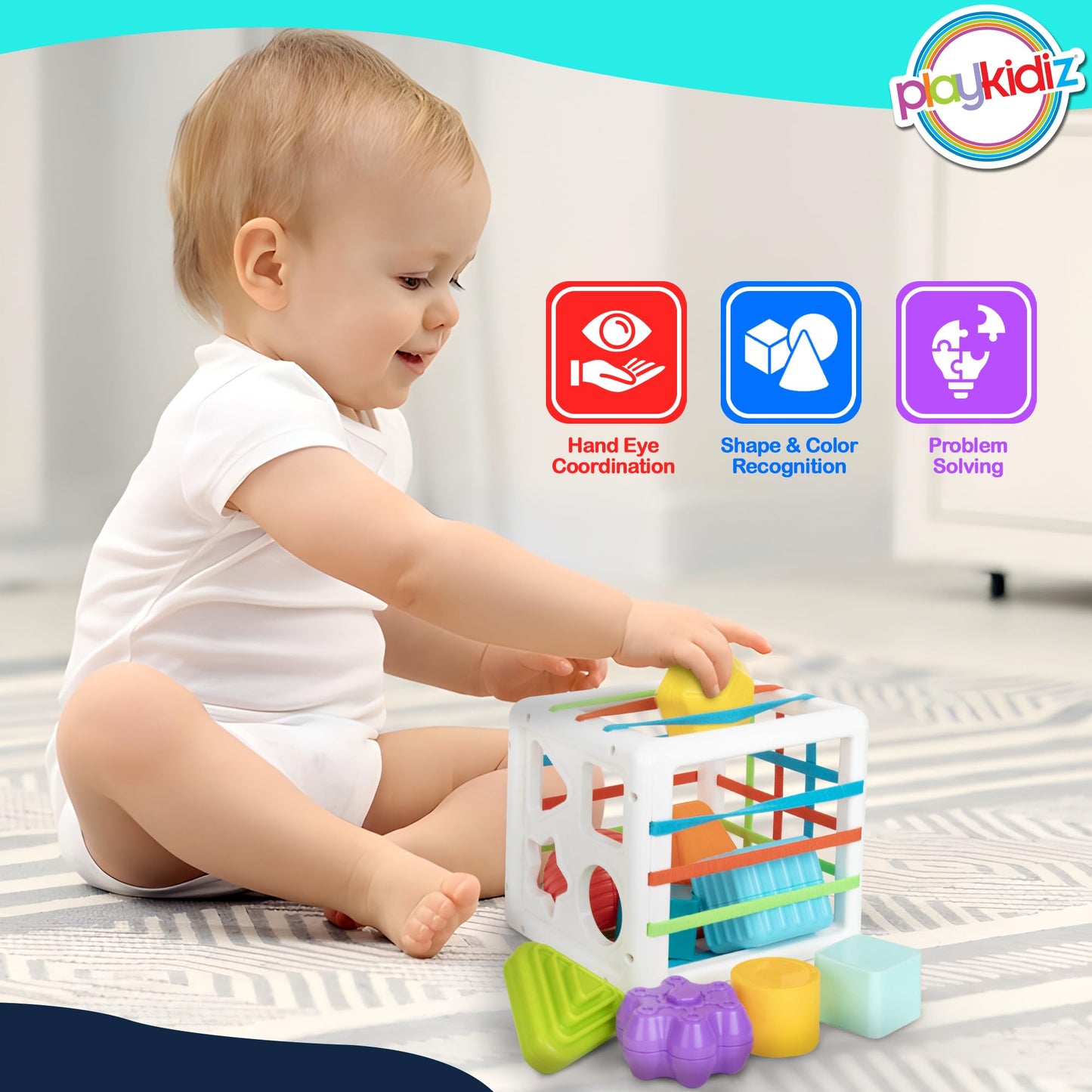 Playkidiz Shape Sorter Baby Toys, Sorting & Stacking Blocks Toy for Toddlers, Sensory Shapes, Early Learning Development Activity Cube for Boys & Girls, 18+ Months