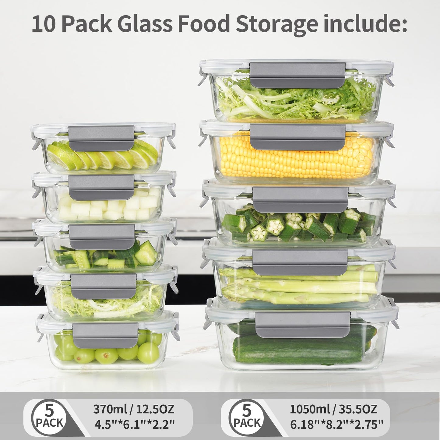 AILTEC 10 Pack Glass Meal Prep Containers, Glass Food Storage Containers with Lids Airtight, Storage Container Set with Lid for Food, Bpa-free, Leak-proof, Microwave Oven Freezer Dishwasher Safe