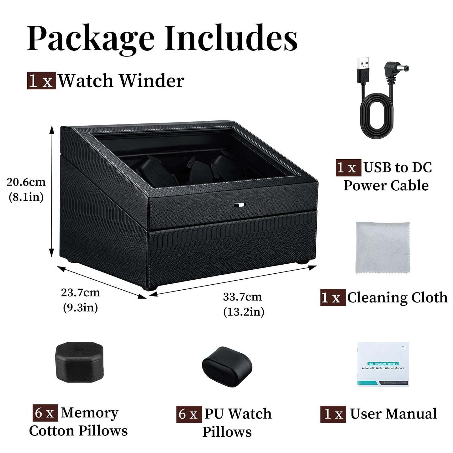 Mcbazel Watch Winder for Automatic Watches, 6 Watch Winder + 6 Storage Case, Watches Winder Box with Super Quiet Motor, Blue LED Light, Memory Foam Pillows, Gift for Men & Women - Black