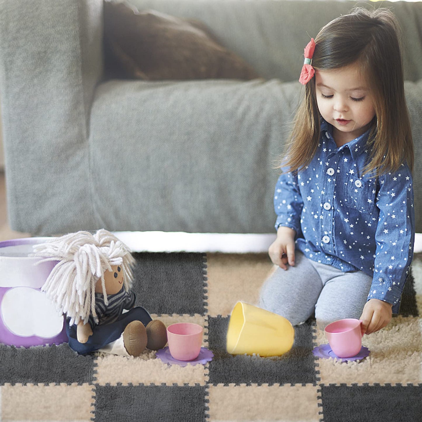 12 pcs Thickened Plush Interlocking Floor Mat 0.6" Thick- Fluffy Square Tiles with 12 Edgings Soft Anti-Slip Puzzle Area Rug Playmat for Room (11.8", Gray & Light Brown)