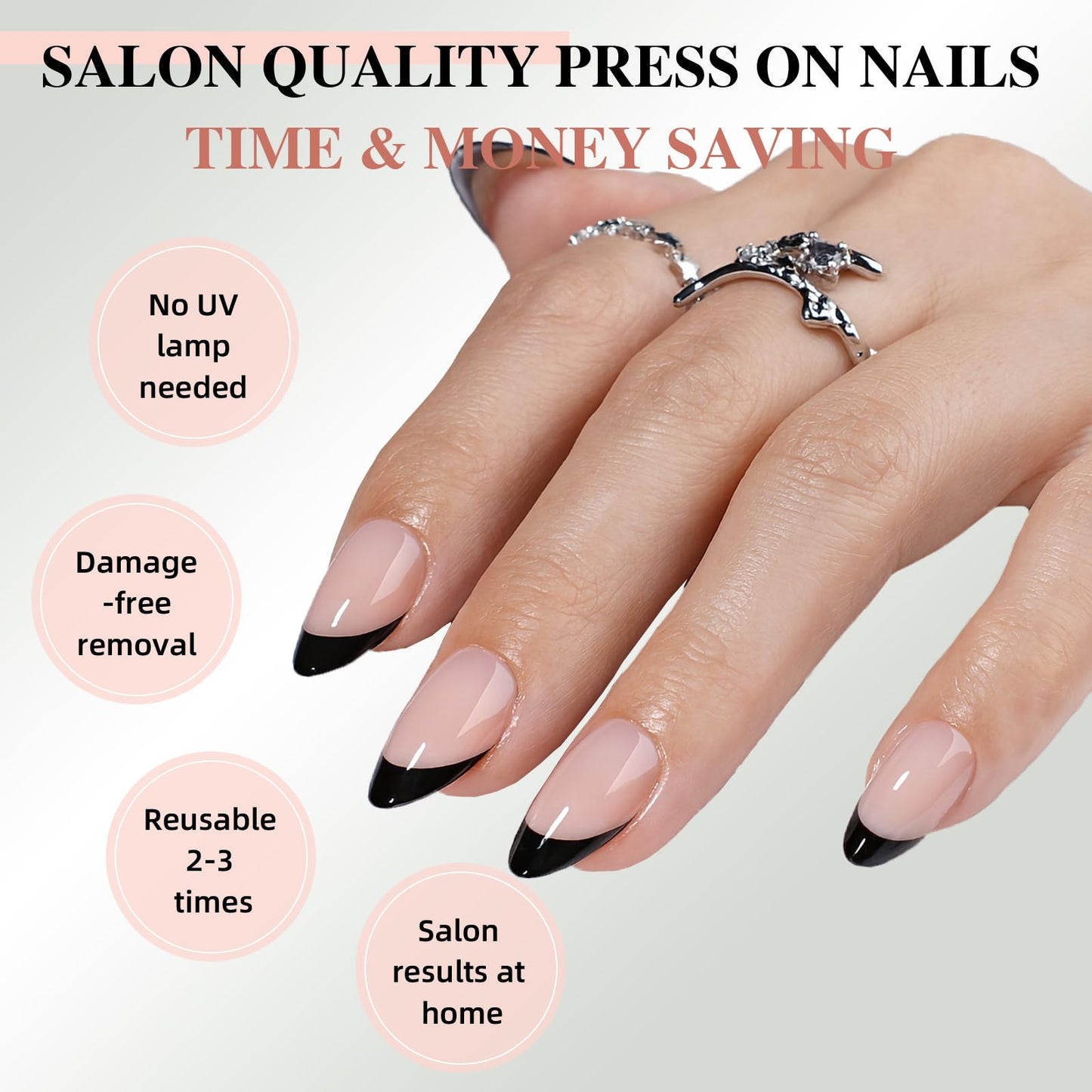 Sifvoo Black French Tip Press On Nails Short Almond, Glossy Reusable Press On Nails for Women, 32 Count 16 Sizes Nail Kit with Glue (SV-02)