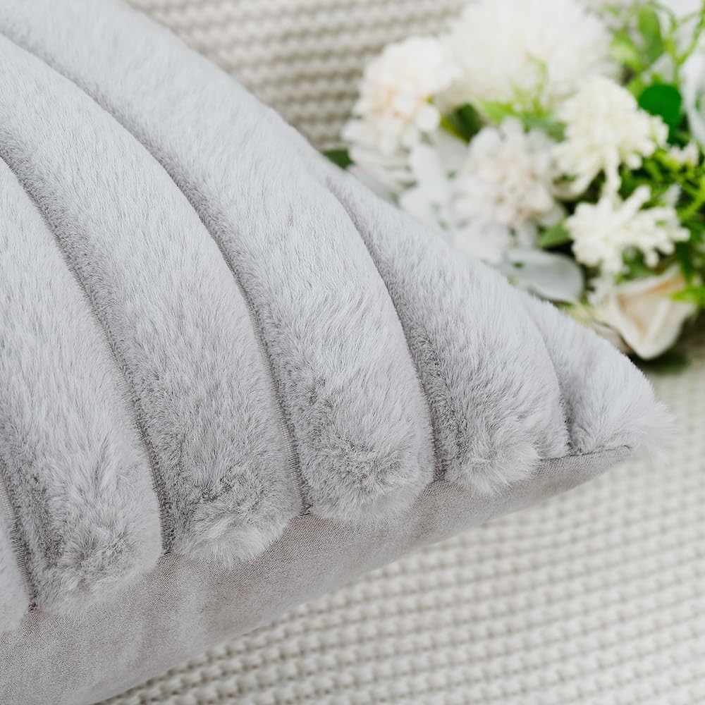MADIZZ Set of 2 Faux Wool Plush Decorative Throw Pillow Covers 12x20 Inch Light Grey Fluffy Striped Soft Decorative Cushion Cover for Sofa Bedroom Pillow Shell