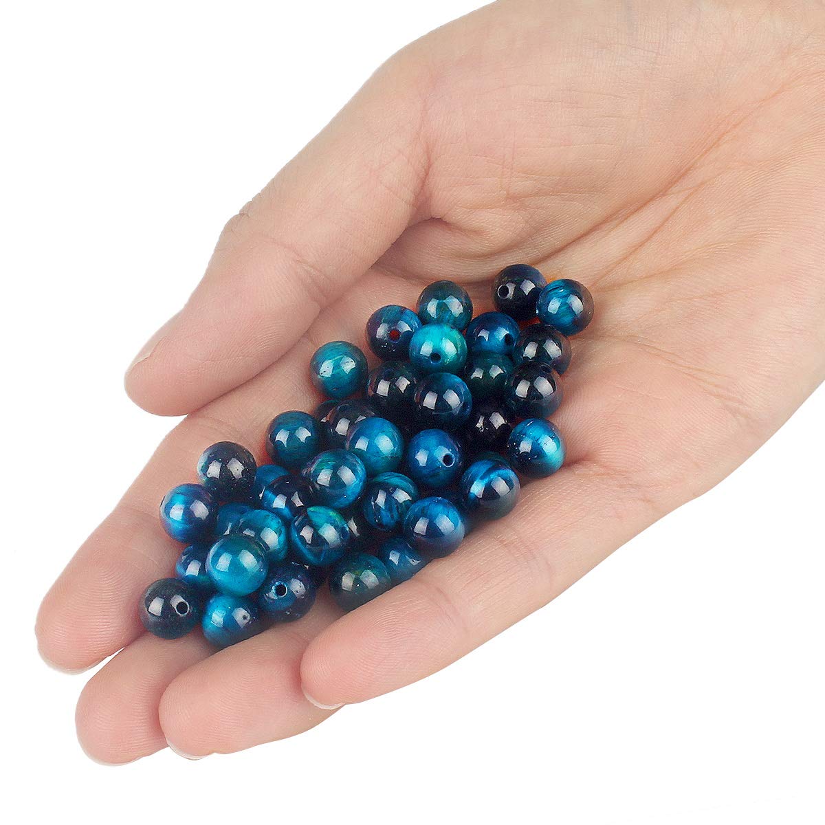 70PCS Natural 8MM Healing Gemstone, Blue Tiger’s Eye Energy Stone Round Loose Beads, Semi-Precious Crystal Beads with Free Elastic String for Jewelry Making DIY
