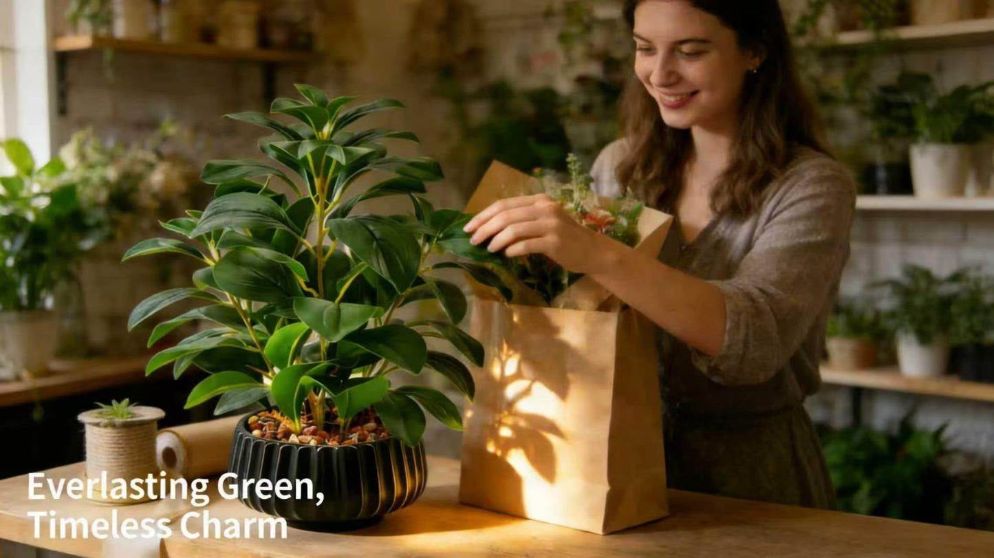 Ewtogift 16" Artificial Peperomia Potted Plant in Black Ribbed Ceramic Planter Realistic Faux Green Leaves Tabletop Branches for Indoor Home Office Living Room Shelf Desk Decor