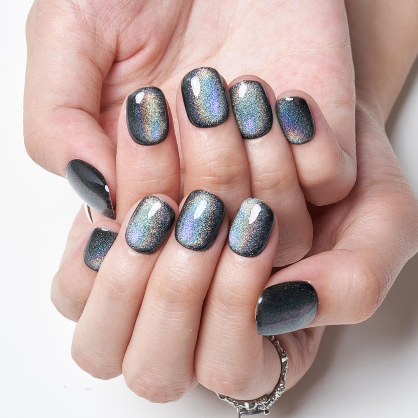 GLAMERMAID Press on Nails Extra Short Squoval, Handmade 2 Packds Pearl Chrome & Black Rainbow Gel Glue on Nails