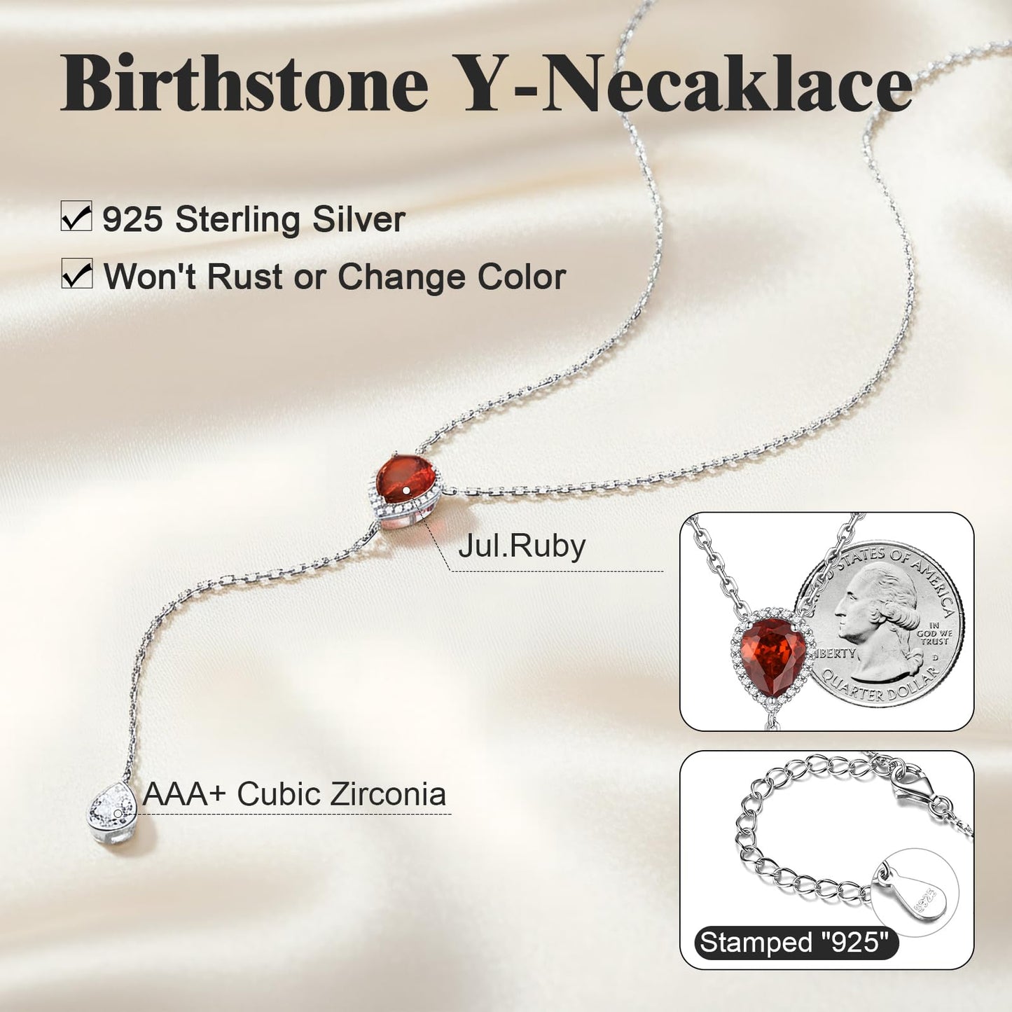 FOCALOOK 925 Sterling Silver Pear Birthstone Pendant Necklace for July Women Simulated Ruby Birthday Jewelry Adjustable