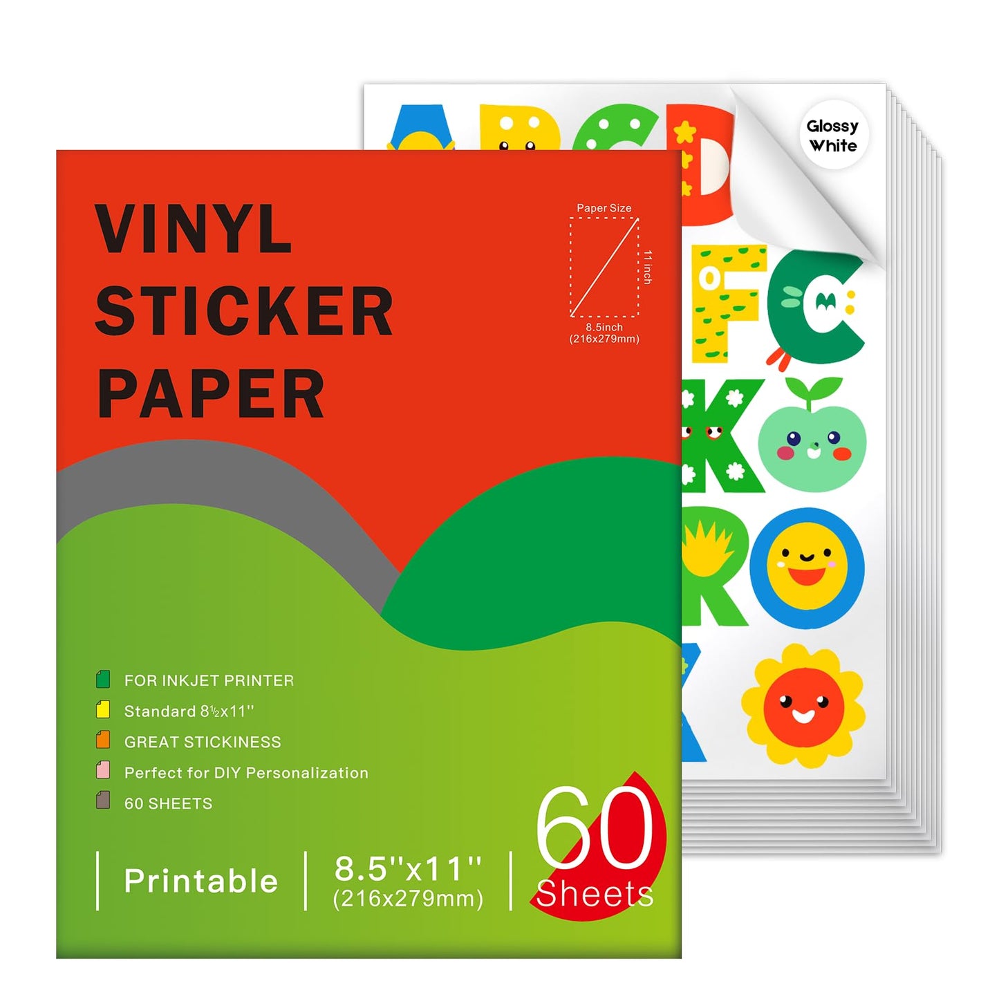 60 Sheets Premium Printable Vinyl Sticker Paper for Inkjet Printers Glossy White 8.5x11 Inch Waterproof & Vibrant Colours Retains Ink Well Tear Resistant Great for Cutting Machines