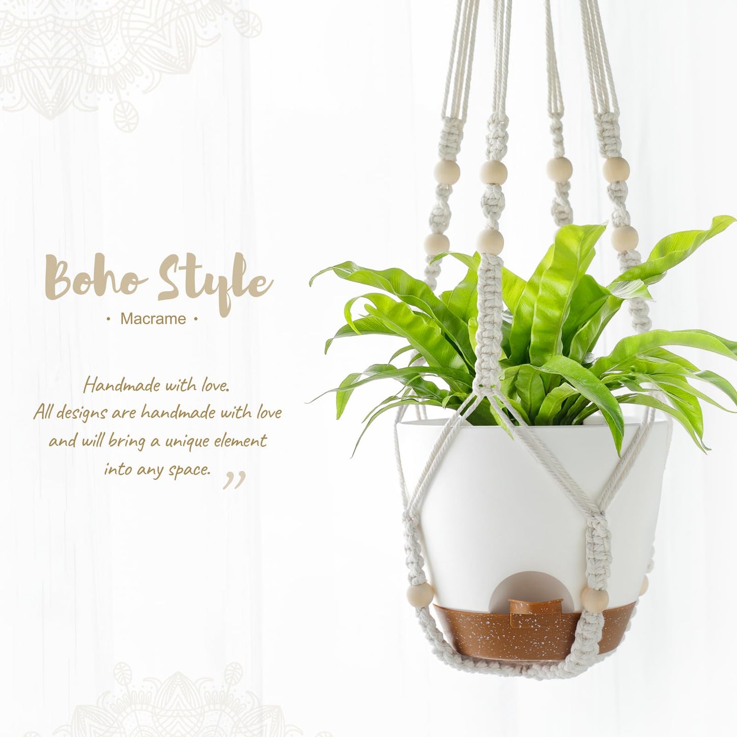 Mkono 7.5 Inch Hanging Planters, Macrame Plant Hangers with Self Watering Plant Pots Indoor Set of 2 Hanging Baskets Flower Pot Holders with Hooks No Tassels for Boho Home Decor, Ivory