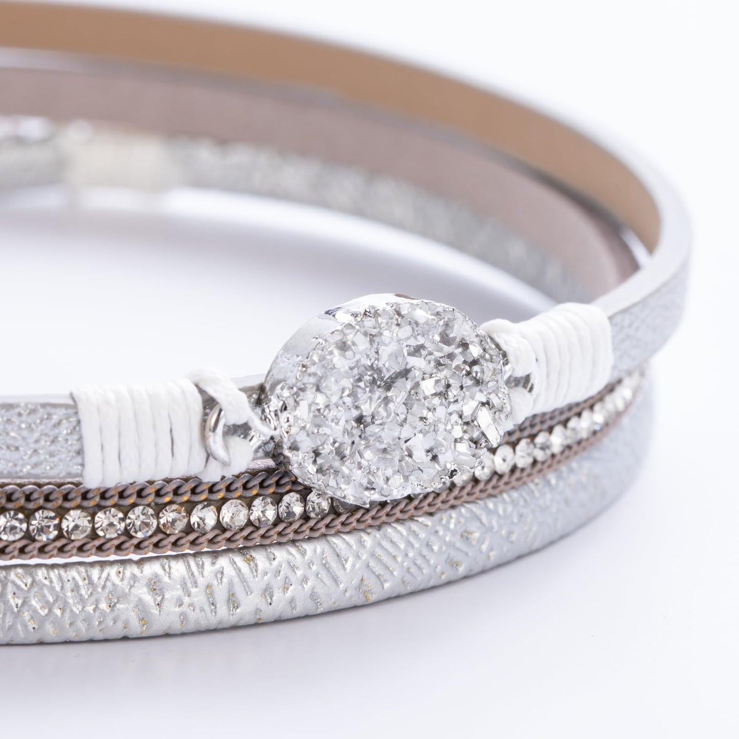 FANCY SHINY Boho Leather Wrap Bracelet Stackable Chunky Crystal Cuff Bracelets with Magnetic Clasp Cowboy Cowgirl Western Summer Beach Outfits Jewelry Gifts for Women (14.7", Silver)