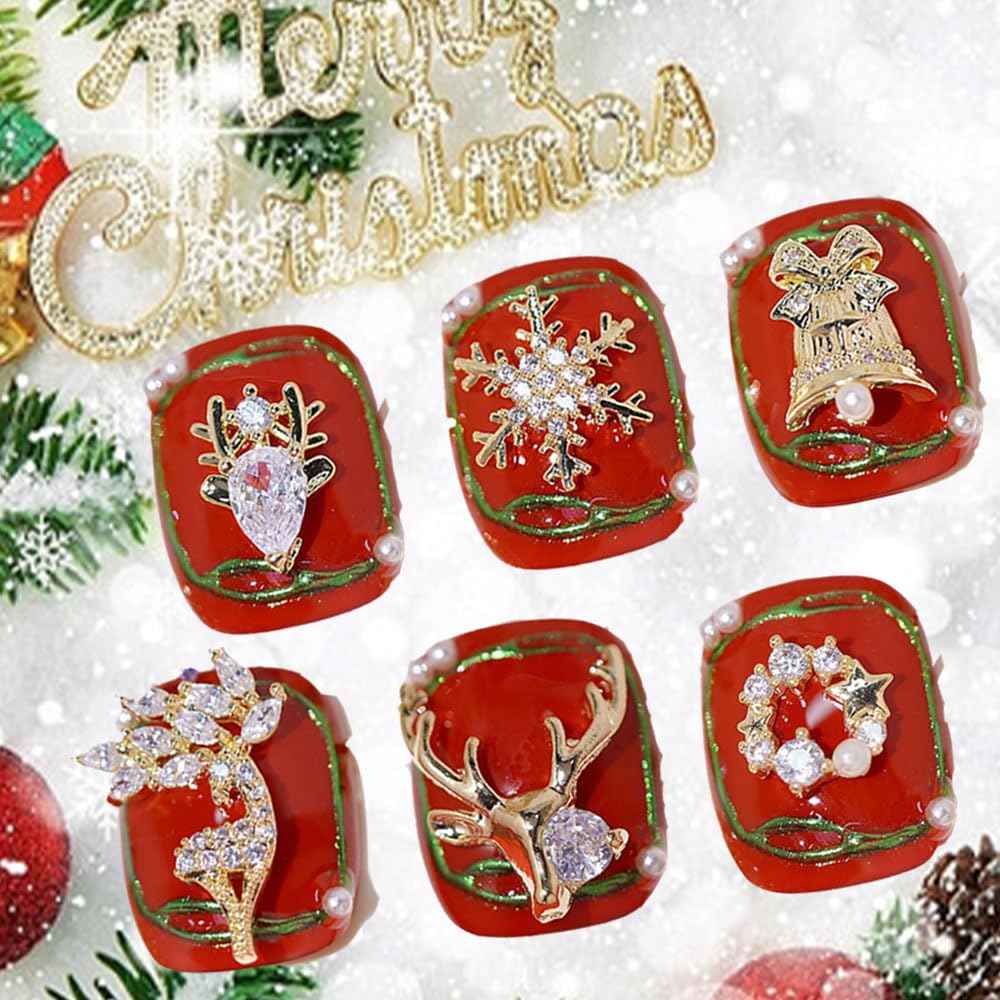 24pcs Luxury Zircon Christmas Nail Charms - 3D Snowflake, Elk, Xmas Tree, Garland Decorations - Gold Art Rhinestones Gems for Nails