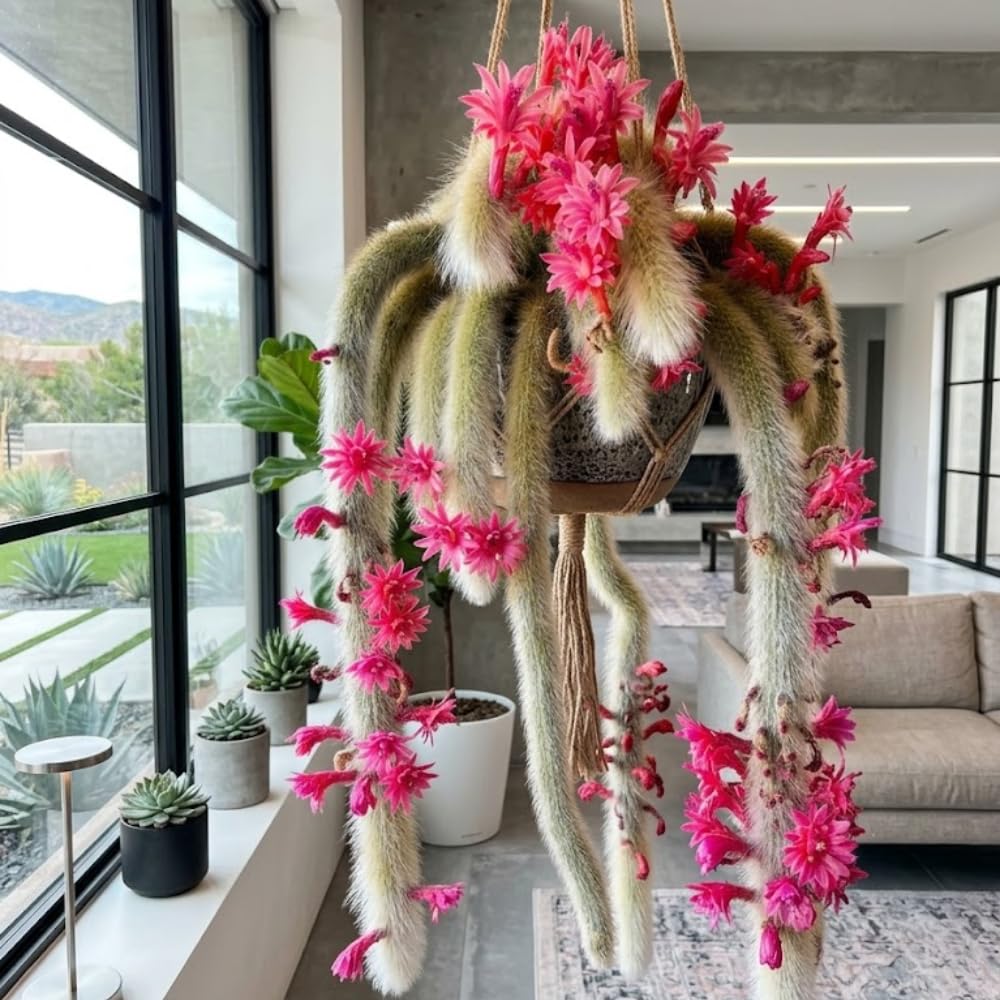 2 Live Monkey Tail Cactus Plant in 2" Pot, Easy Care Indoor Greenery, Decorative Long Trailing Cactus for Shelves and Bright Spaces