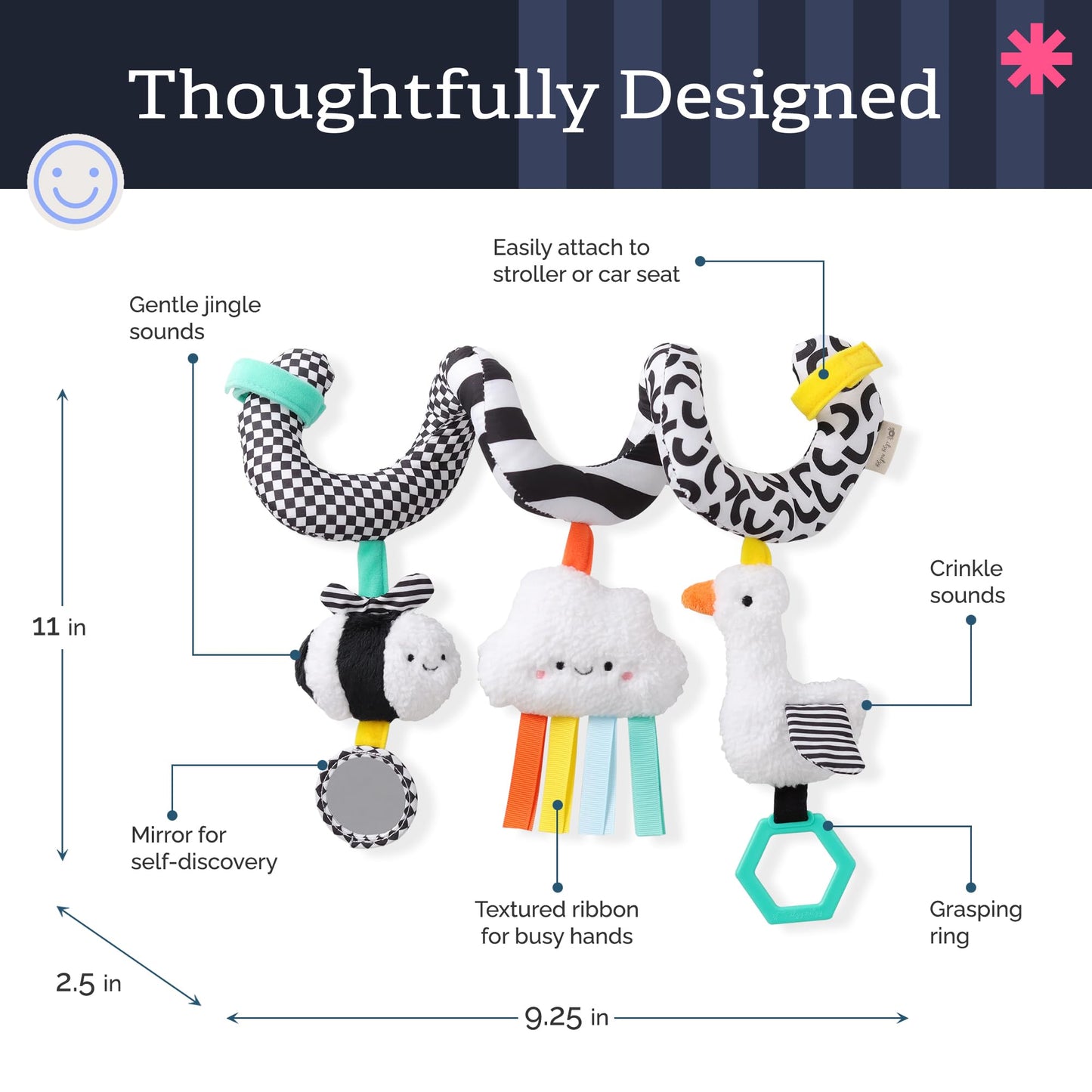 Itzy Ritzy Spiral Car Seat & Stroller Activity Toy - Stroller & Car Seat Toys for Ages 0 Months and Up - Hanging Toys Include Dangling Ring, Mirror and Textured Ribbons (High Contrast)