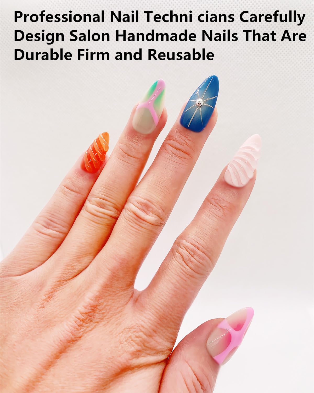 CAMILCY Handmade Nails Press on Long pointed tip Pink Hand Painted Reusable Gel UV Finished Pre Shaped False Nails for Women 10pcs 3D Glitzadora Handmade Nails (A089, S)