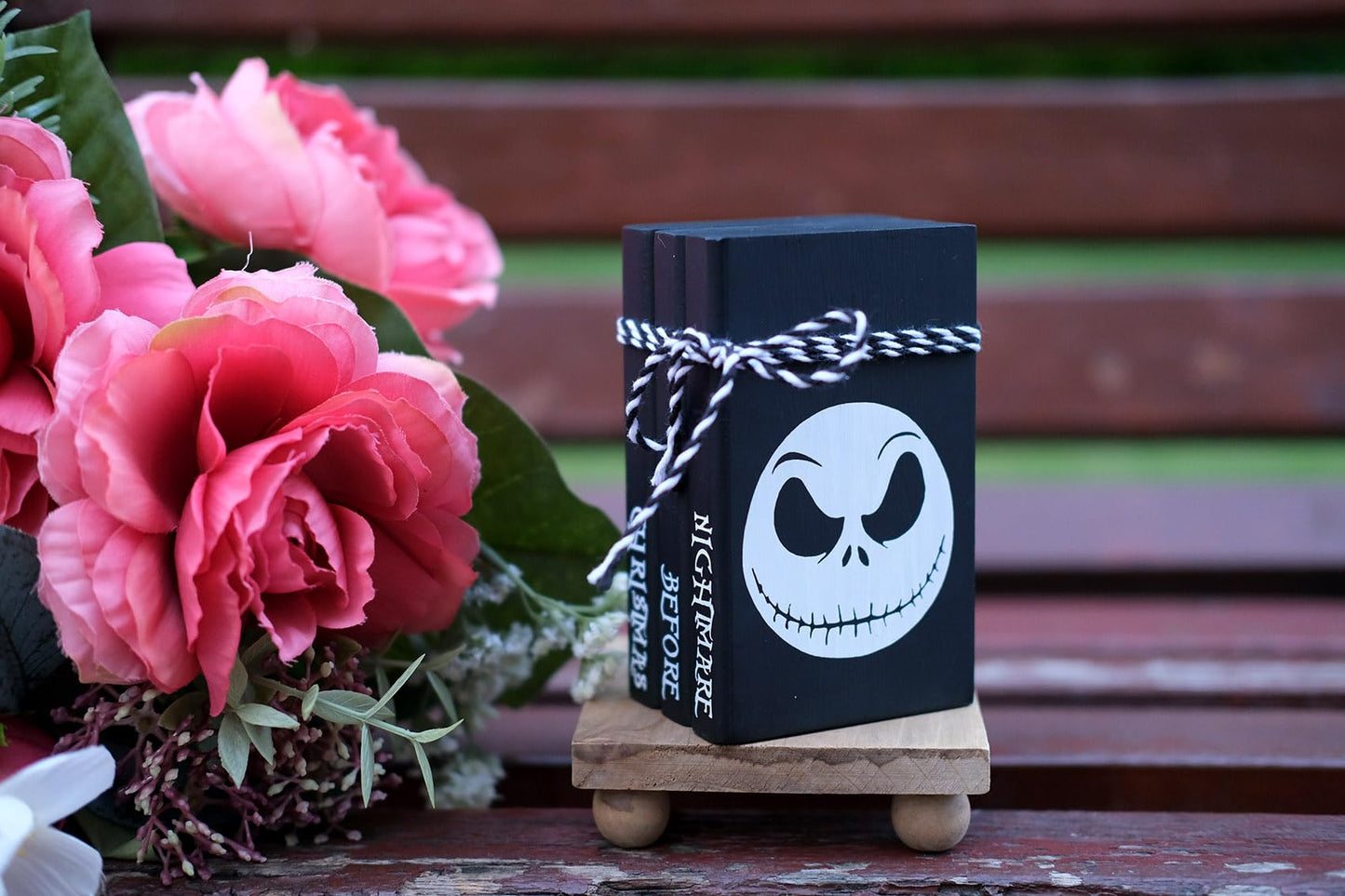 RUKEJUNE Mini Black Halloween Tiered Tray Decor Wood Decorative Book Stack, Rustic Farmhouse Faux Books Bundle for Home Table Mantle Shelf Decoration Nightmare Before Christmas Sign