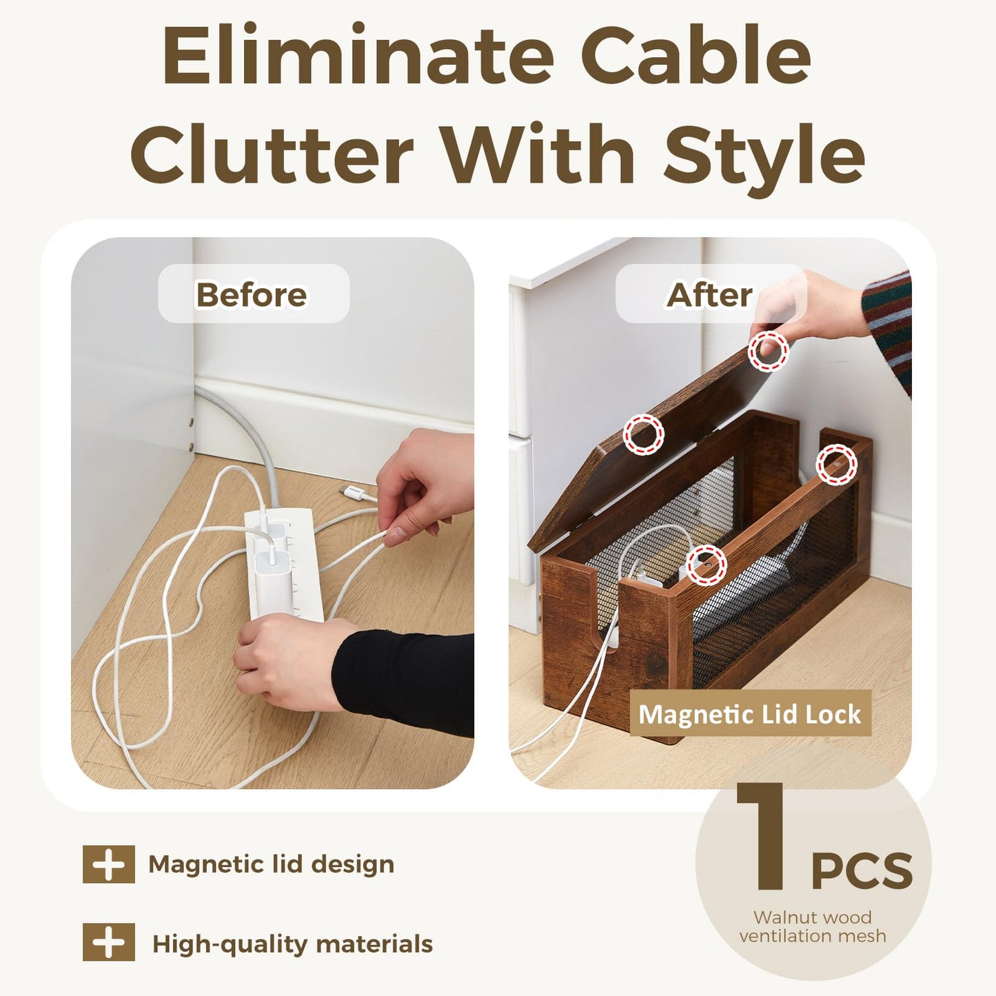 Chunful Extra Large Cable Management Box, 16'' Wood Cord Hider Organizer with Ventilation Nets & Organizer for Power Strip, TV Wires & Desk Cable Storage, Magnetic Lid Hide Floor Cables