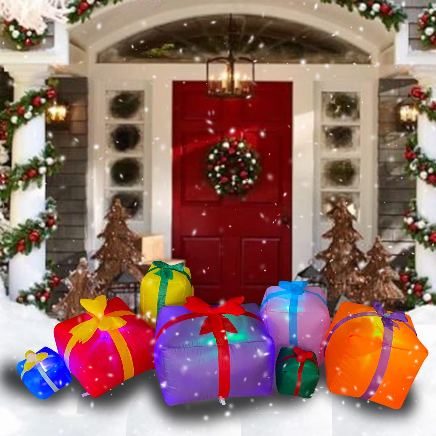 SEASONBLOW 6 Ft LED Light Up Inflatable Christmas 7 Gift Boxes Lantern Decorations for Indoor Outdoor Yard Garden Lawn Holiday Party