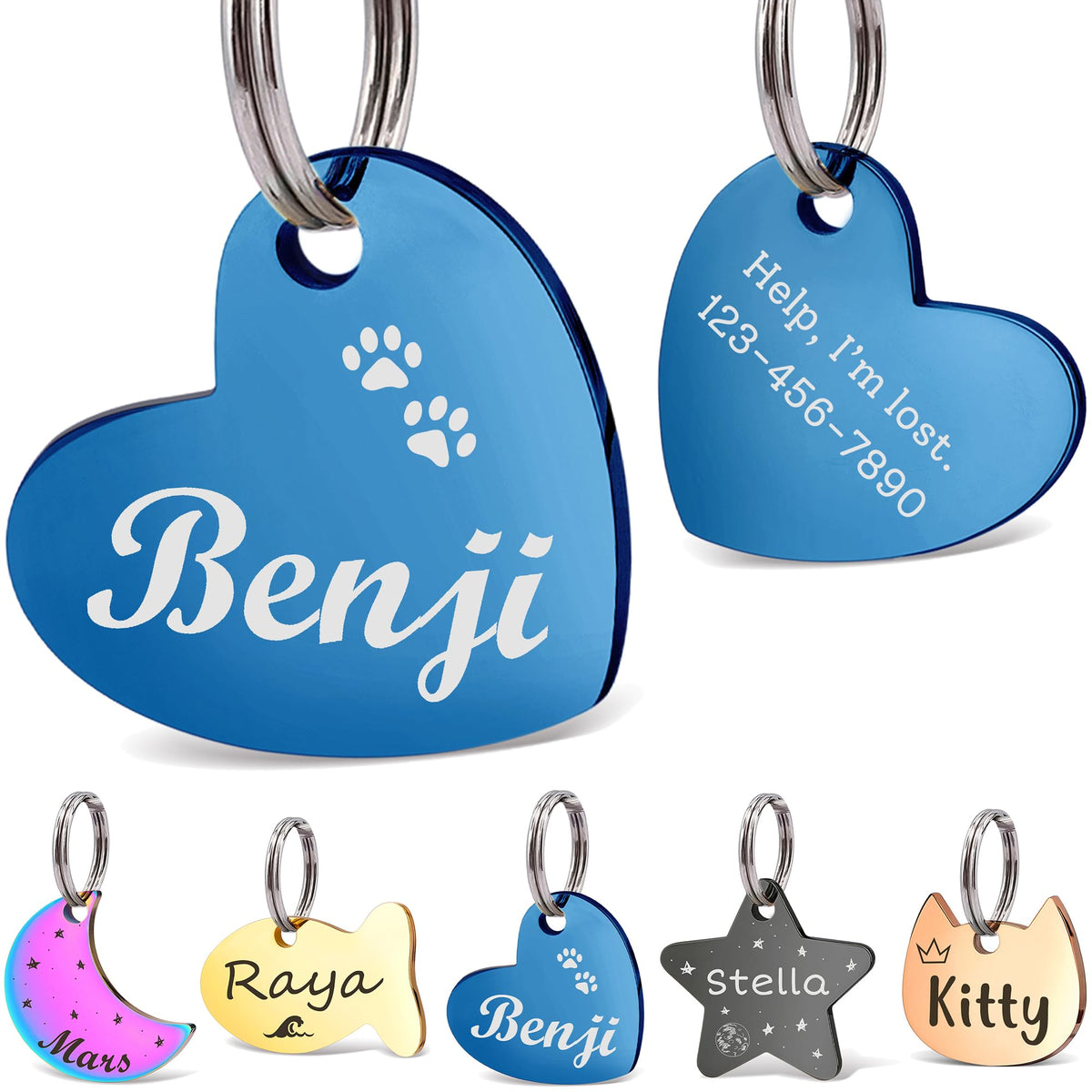 Anavia Small Size Dog Cat ID Tags, Small/XS Personalized Color Plated Stainless Steel Puppy Kitten Name Tags, Customized Engraved Nameplate Pet Collar Tag (Blue, Star)