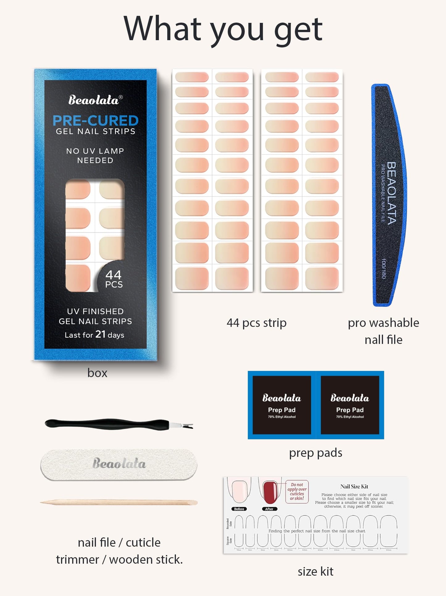 Beaolata Real Gel Nail Strips (No UV Light Needed) - 44Pcs Salon Quality Nail Stickers - Long Lasting Polish Wraps for Women, Easy Apply & Remove (Sunset Glow Orange)