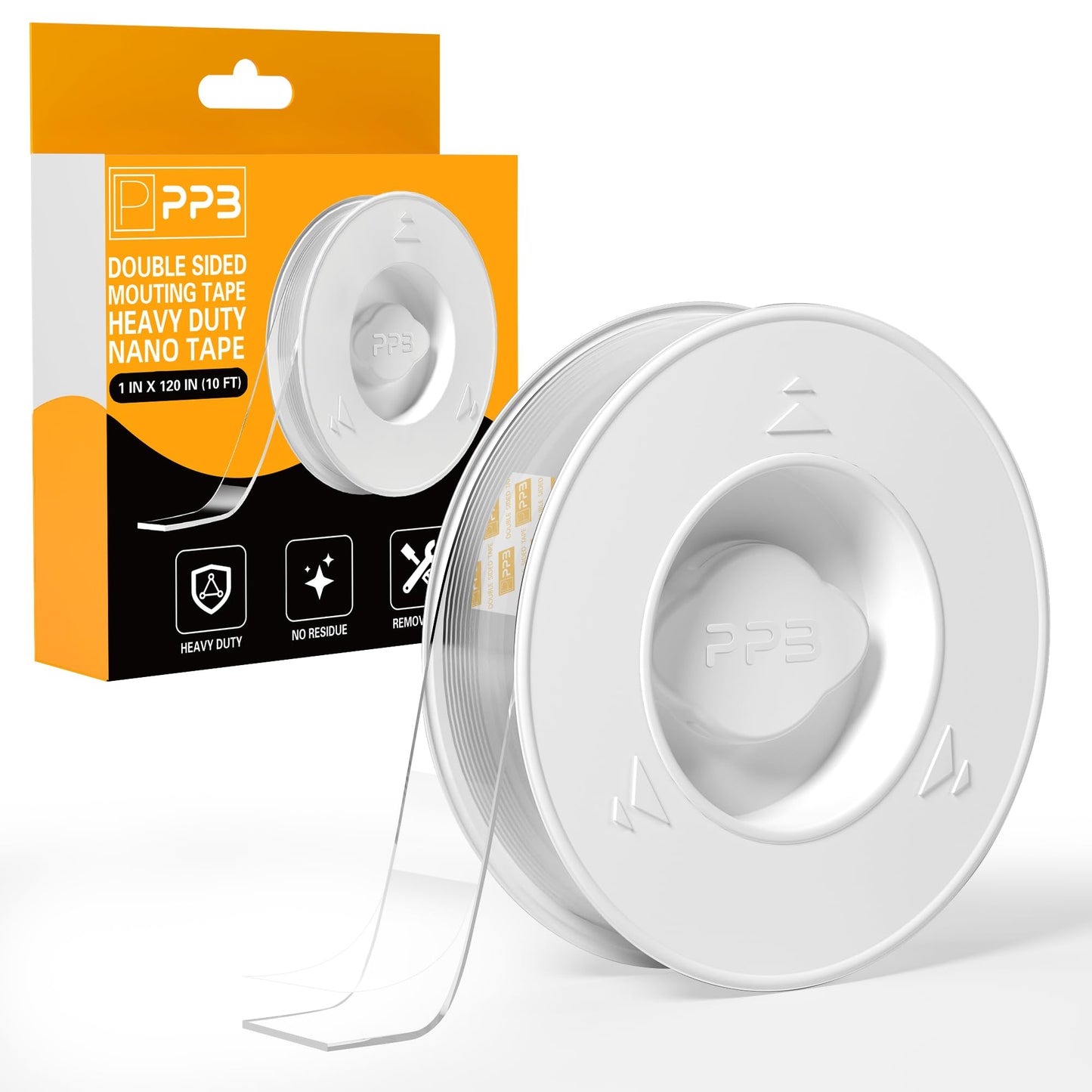 PPB Double Sided Mounting Tape, Clear Heavy Duty Nano Adhesive Tape with Protective Case, Removable Reusable Wall Tape for Home, Office, Car, Glass, Tile, Smooth Surfaces, 1 in x 10FT