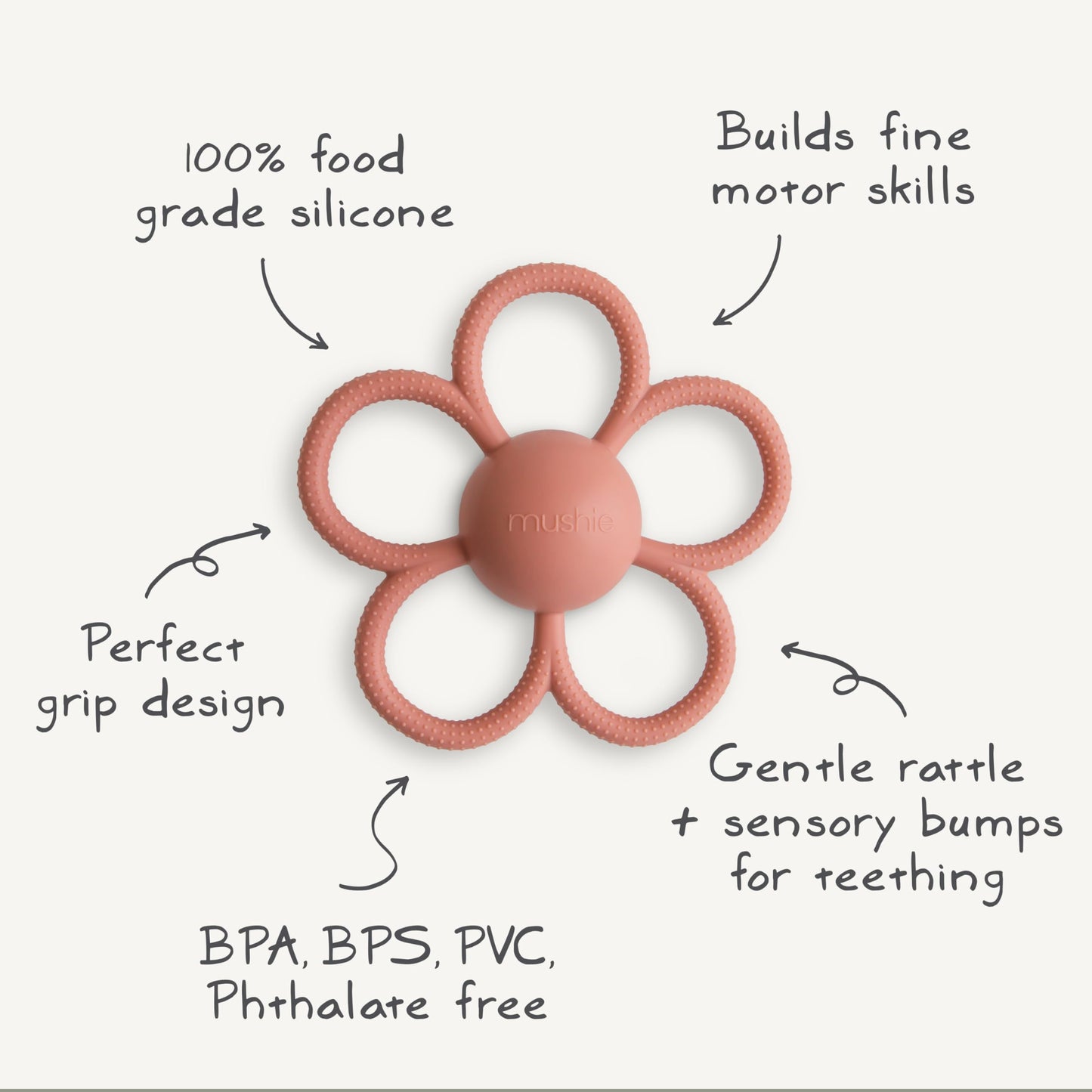 mushie Silicone Baby Daisy Rattle Teether Toy (Dusty Rose)