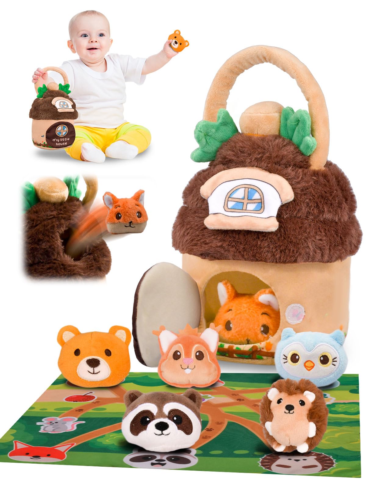Baby Toys 6-12 Months Forest Animal House with Map Plush Stuffed Animals Rattle Squeaker Montessori Toys for Babies Sensory Infant Toy Toddler Gift 1-3 Year Old